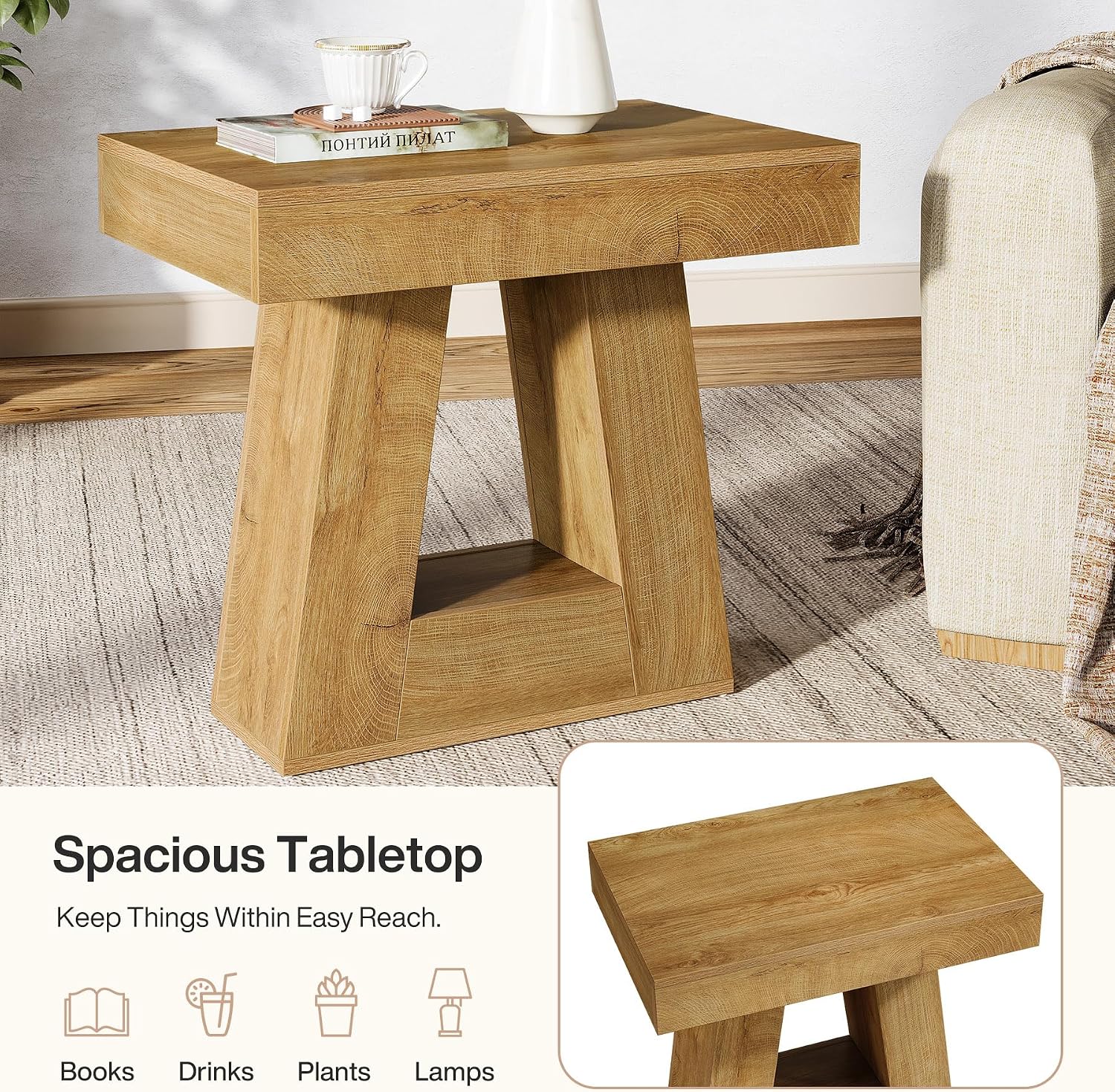Tribesigns 24' Modern Side Table Set of 2, 2-Tier Narrow Wooden End Table with Trapezoid Base, Farmhouse Small Nightstand for Living Room, Bedroom (Natural Wood Color)