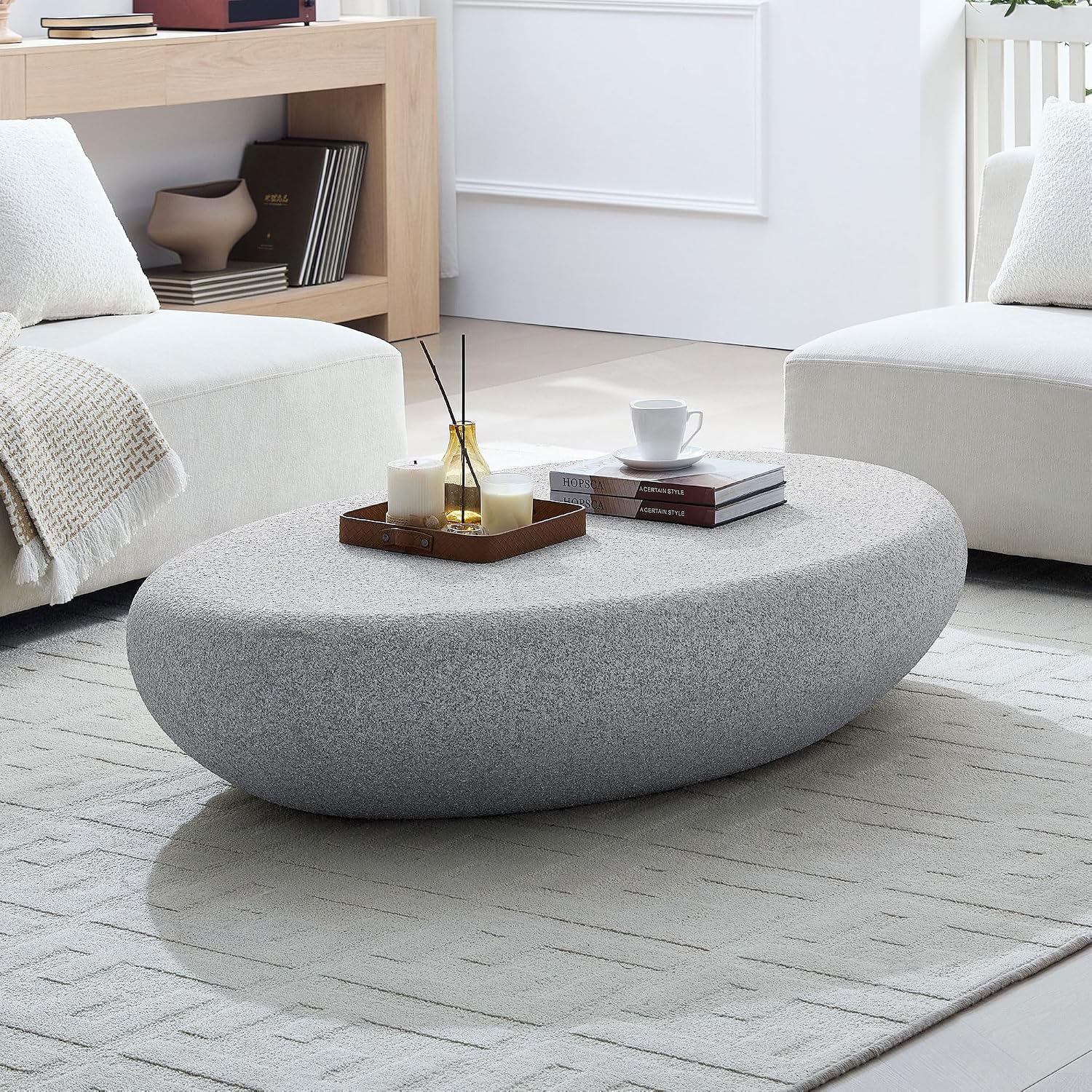 55.12' Modern Faux Stone Coffee Table for Living Room, Fiberglass Minimalist Accent Center Table, Oval Stone Tea Table for Office, Apartment, No Need Assembly, Rock Grey