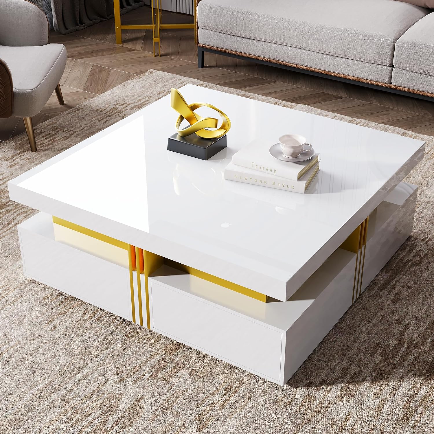 Merax 43.3' Modern Glossy Square Storage Coffee Table with 4 Drawers, Gold Accents, Functional Center Tables for Living Room Apartment, Glossy White