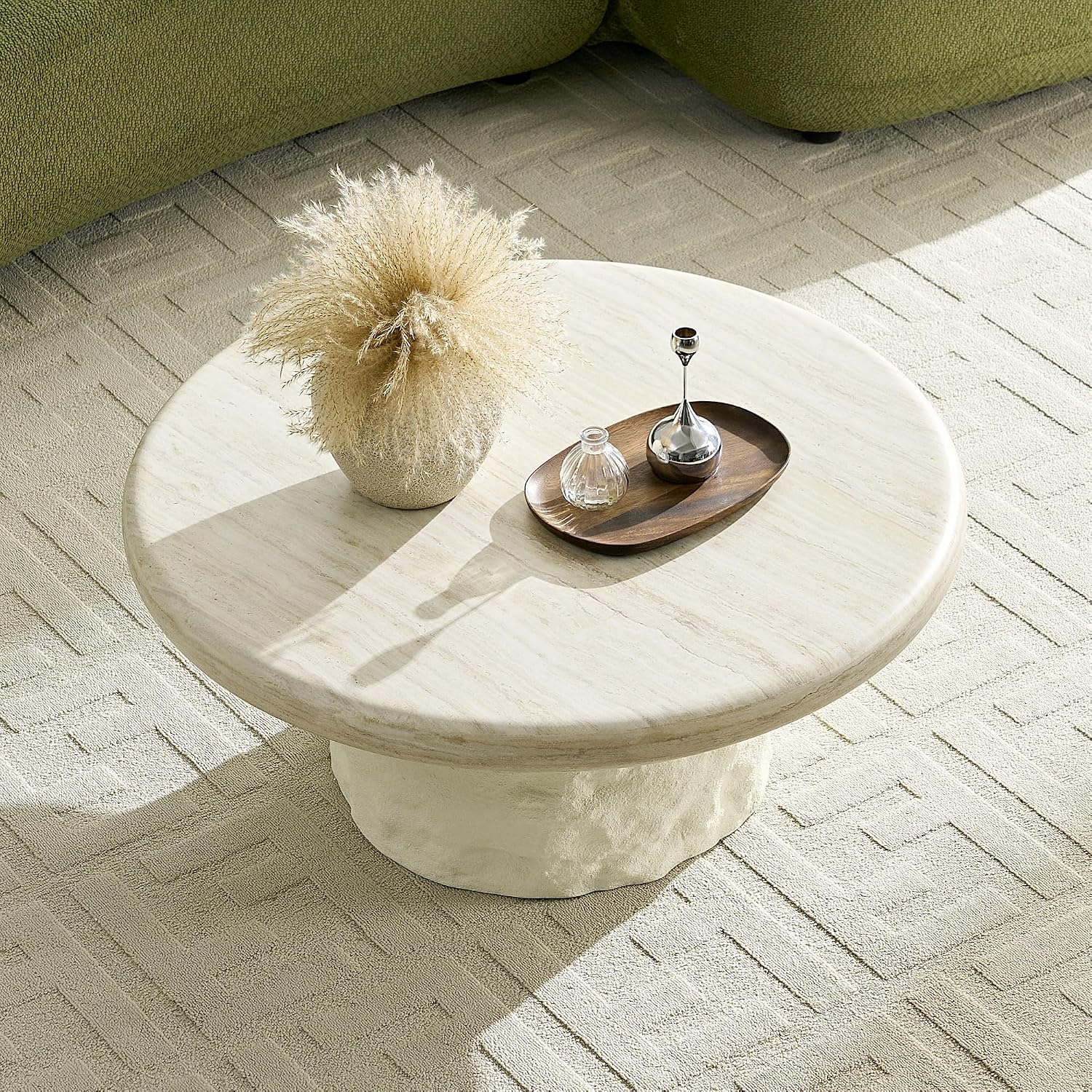 Round Coffee Table, 35.04' Fiberglass Imitation Stone Table Cement Rock Center Table for Living Room Apartment Office, No Need Assembly