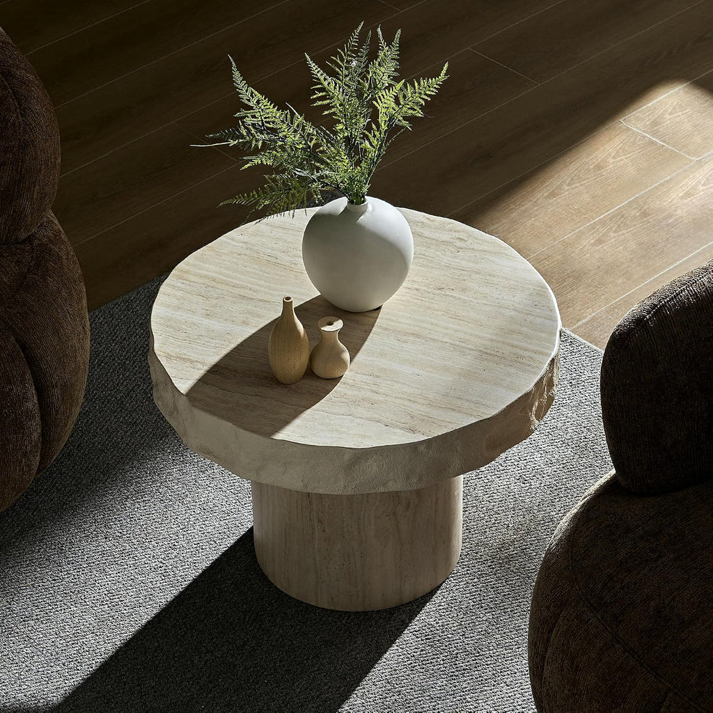 23.82' Round Side Table Small Coffee Table Faux Marble Pattern End Table Cement Stone Sofa Side Table for Living Room Apartment No Assembly