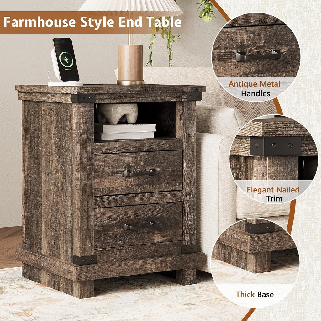 AMERLIFE Farmhouse End Table Set of 2, 18' Wood Night Stand with Charging Station & 2 Storage Drawers, Heavy Duty Bedside Nightstands for Bedroom, Living Room, Black Oak