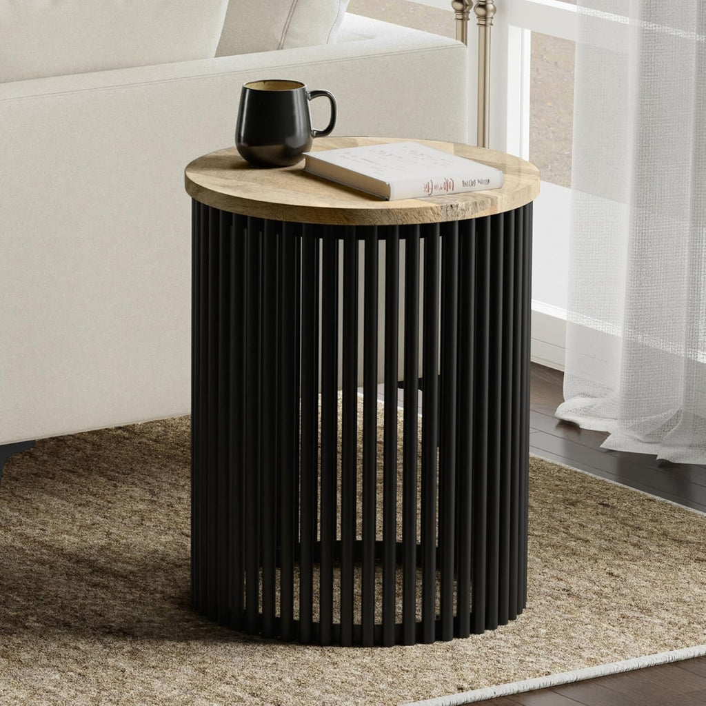 SIMPLIHOME Demy Side Table - 20 inch Wide Solid Mango Wood and Metal Tall Round End Table in Natural and Black, Industrial Accent Table for Living Room or Entryway with Slatted Base, Assembled