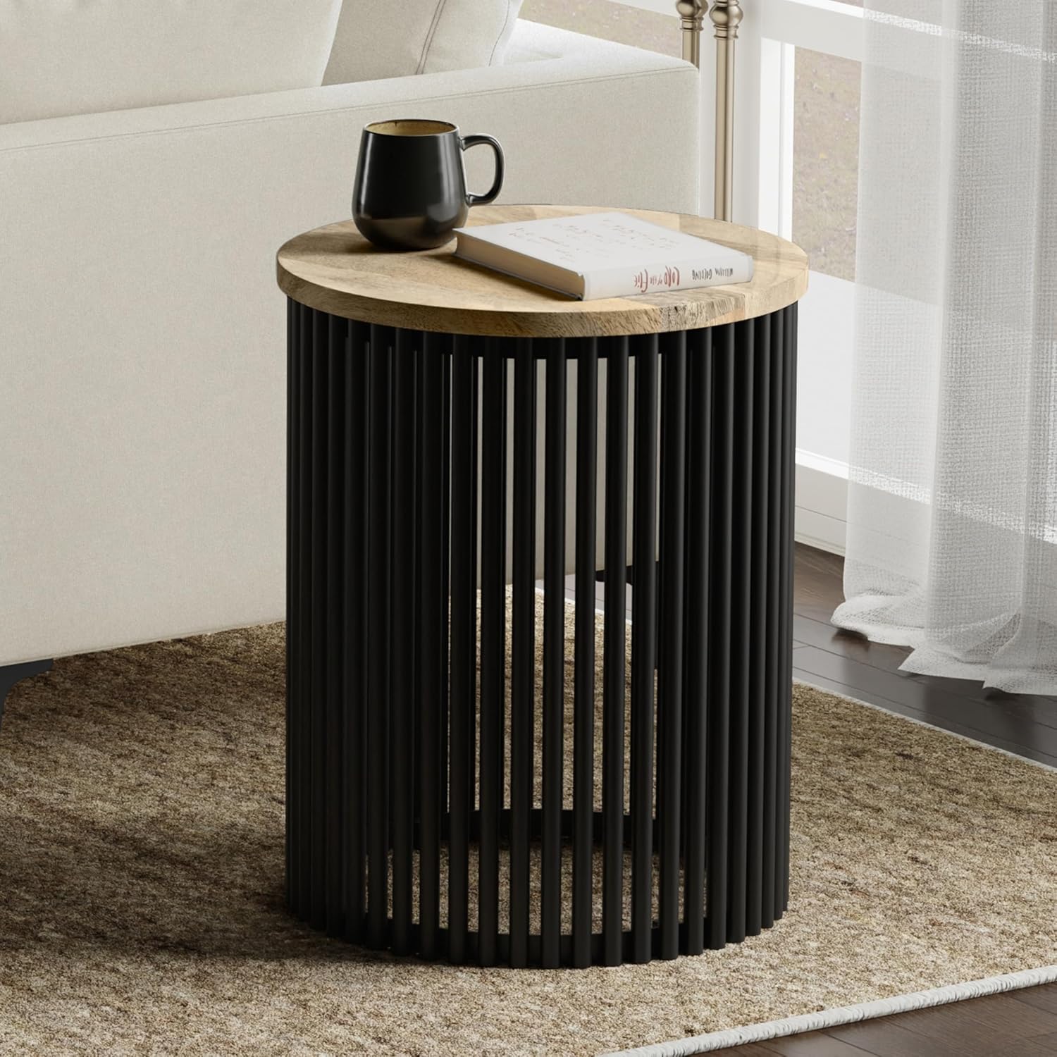 SIMPLIHOME Demy Side Table - 20 inch Wide Solid Mango Wood and Metal Tall Round End Table in Natural and Black, Industrial Accent Table for Living Room or Entryway with Slatted Base, Assembled