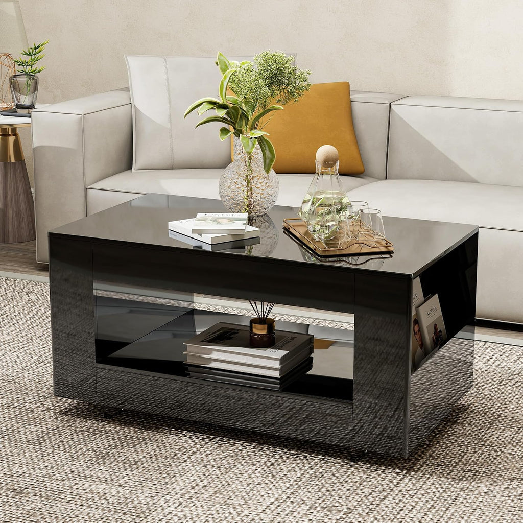 Glossy Coffee Table with Open Shelf Storage - High Gloss Modern Cocktail Table for Living Room, Bedroom, Office