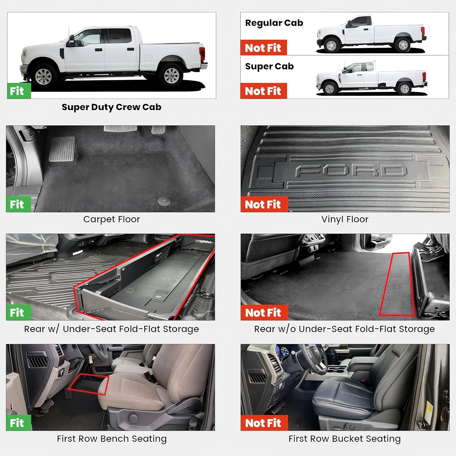 LASFIT Floor Mats for Ford F250 F350 F450 2017-2026 Crew Cab Front Bench Seat | Rear W/Fold-Flat Storage Carpet Floor Super Duty All Weather Protector TPE Car Floor Liner, 1st & 2nd Row, 2pcs Black