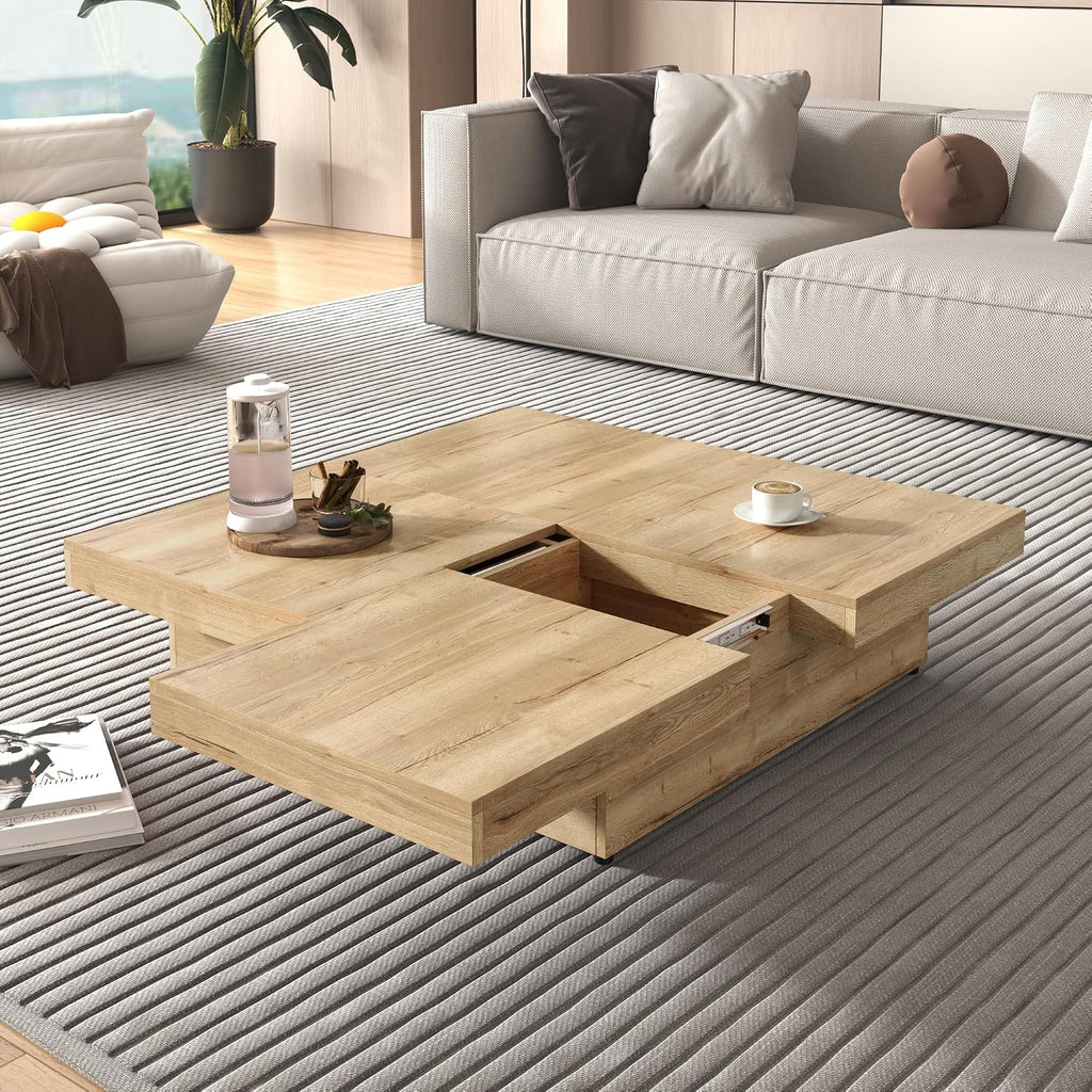 Merax Coffee Table, Modern Extendable Coffee Table with 4 Hidden Storage Compartments, Square Center Cocktail Table with Sliding Tabletop for Living Room, 39.4'x 39.4' (Natural)