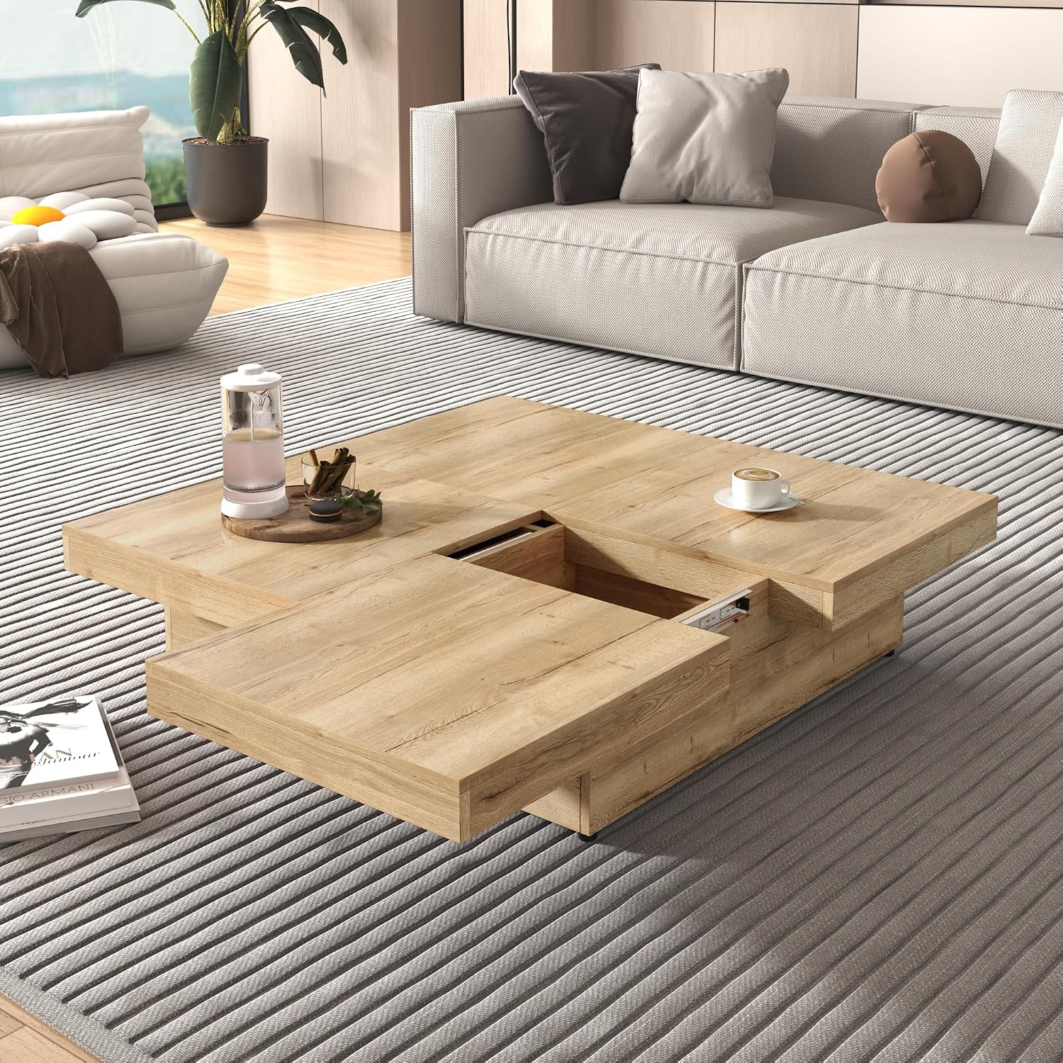 Merax Coffee Table, Modern Extendable Coffee Table with 4 Hidden Storage Compartments, Square Center Cocktail Table with Sliding Tabletop for Living Room, 39.4'x 39.4' (Natural)