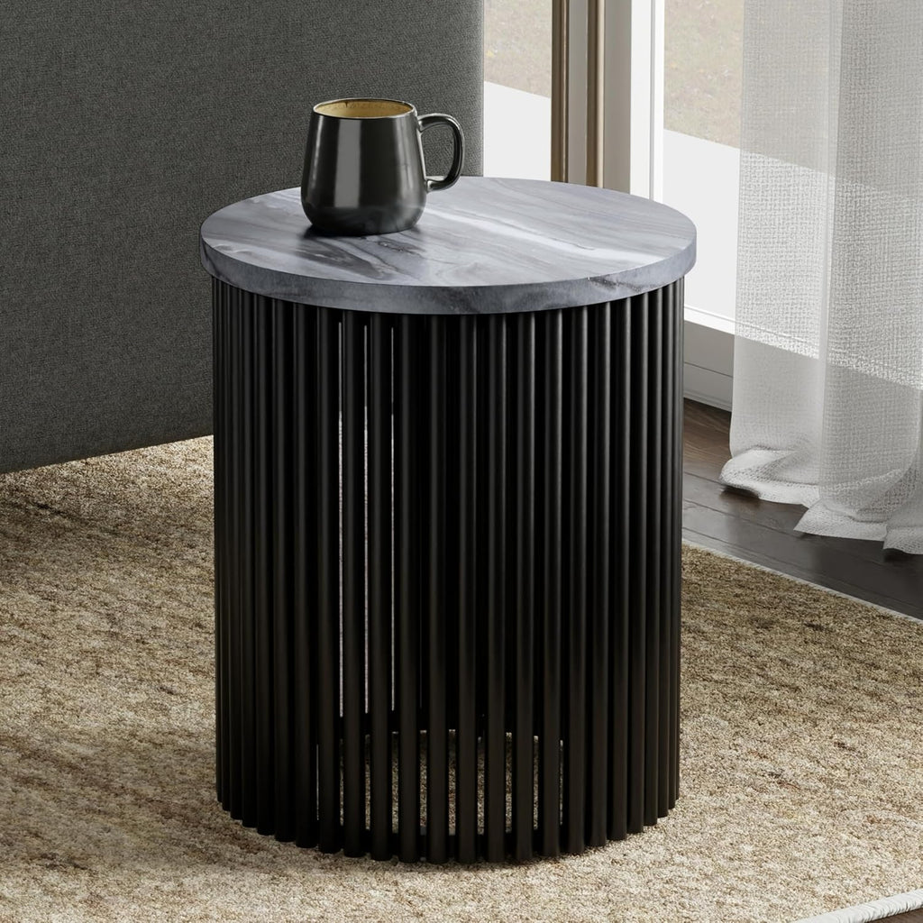 SIMPLIHOME Demy Metal Accent Table - 18 inch Wide Solid Metal Round Side Table with Genuine Marble Top and Slatted Base in Black, Contemporary End Table for Living Room with Compact Design, Assembled