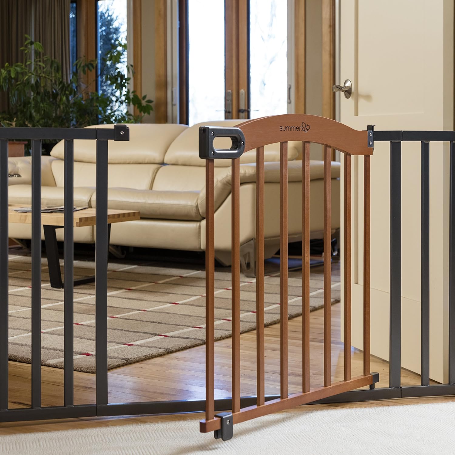 Summer Infant Anywhere Decorative Walk-Thru Pet and Baby Gate, 28' - 42.5' Wide, 30' Tall, Pressure Mounted, Insall In-between Rooms and Doorways, Walnut Wood with Metal Charcoal Accents
