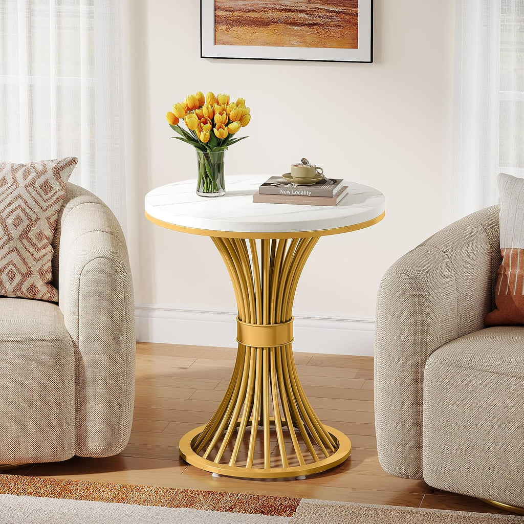 Tribesigns Round End Table, Modern Faux Marble Side Table with Gold Metal Base, Small White Gold Bedside Nightstand, Wooden Accent Table for Living Room, Bedroom, Sofa Side, White & Gold