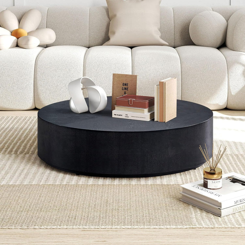 Black Round Coffee Table for Living Room Modern Drum Coffee Table Wood Circle Coffee Table Contemporary Center Table for Apartment, No Need Assembly (MDF 35.43'' - Black)