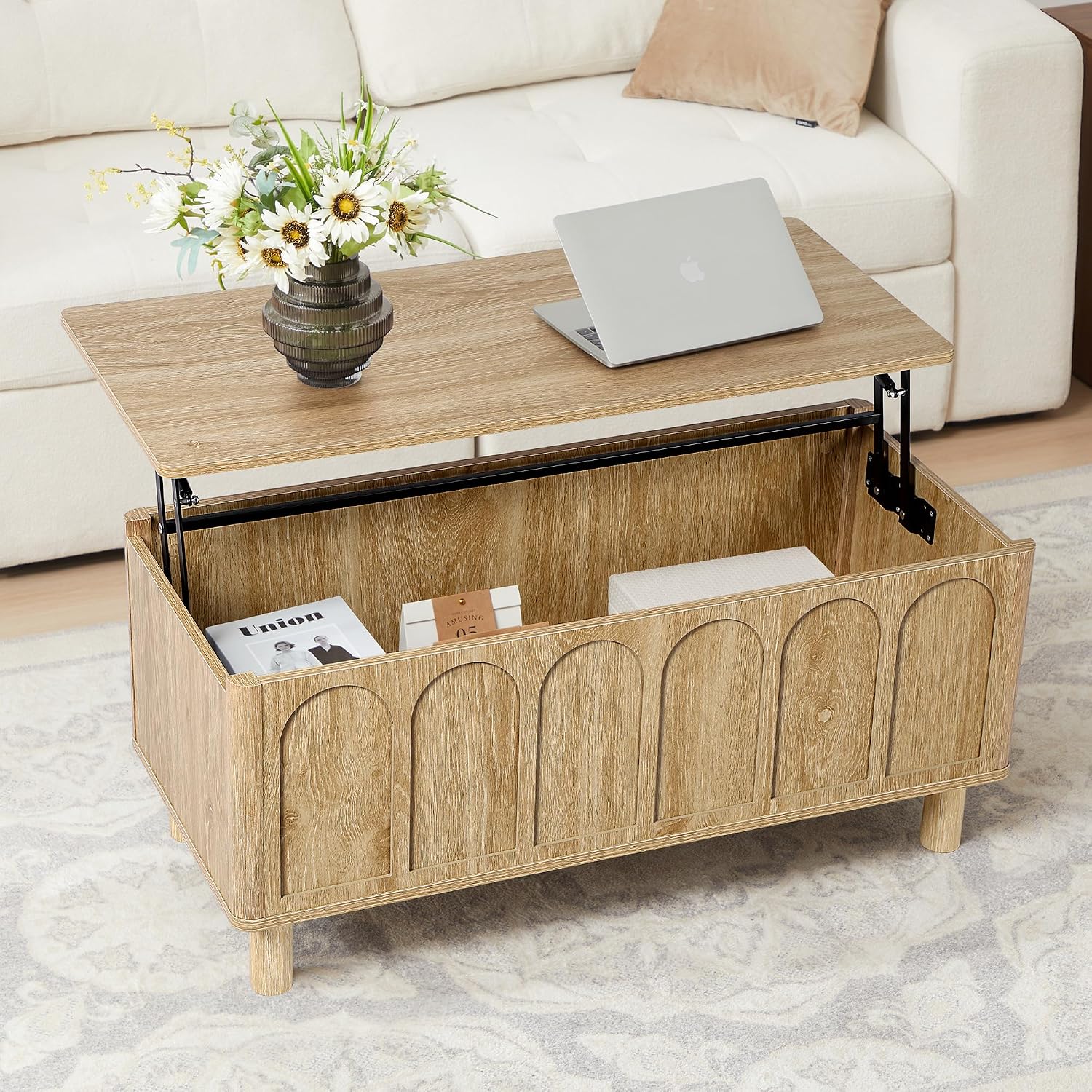 Lift Top Coffee Table with Arched Finish, Modern Coffee Table with Lifting Tabletop & Hidden Storage, Wood Center Table for Living Room,Convenient for Dining, Gaming or Working (Natural)