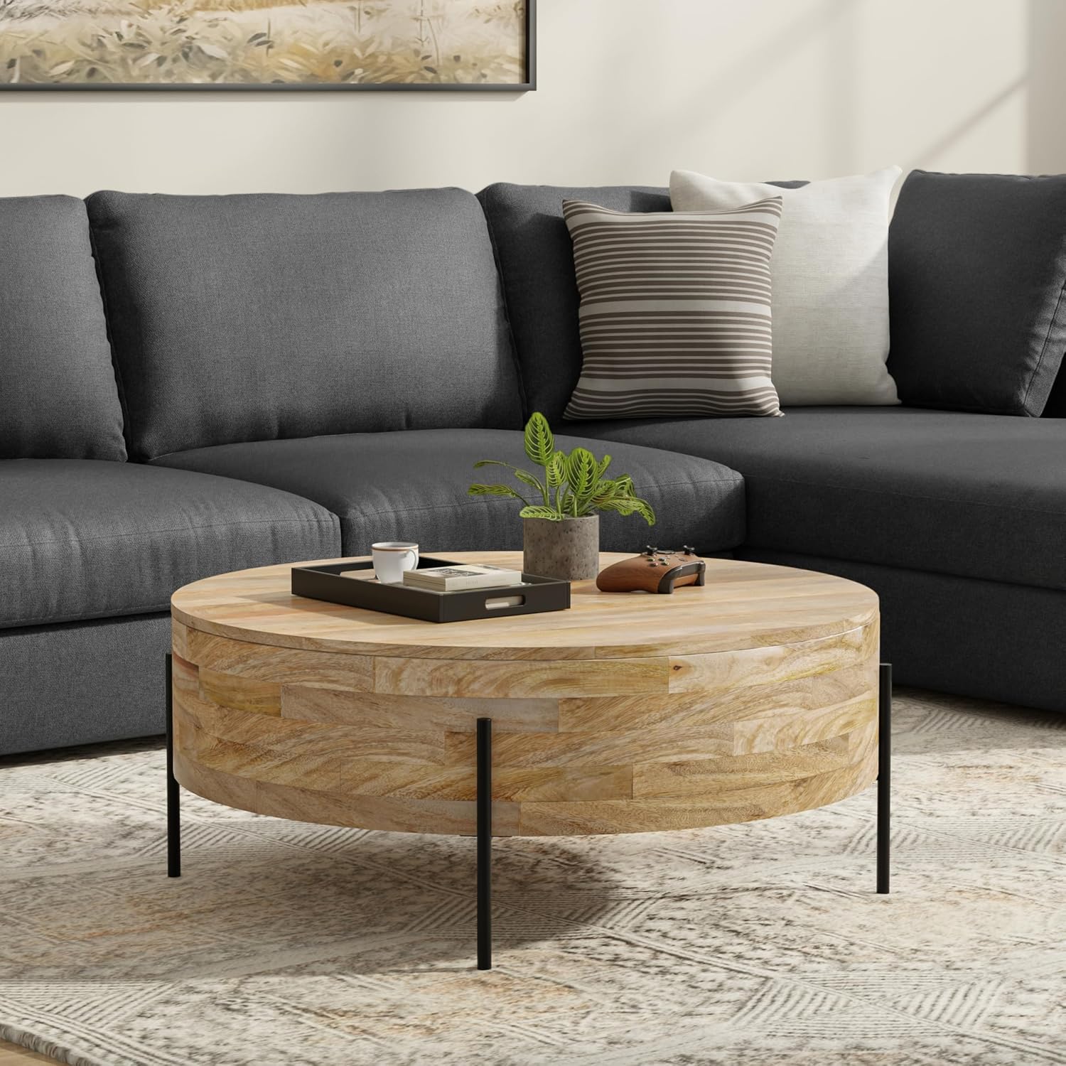SIMPLIHOME Rayburn Drum Coffee Table - 38 inch Wide Solid Mango Wood Round Living Room Table in Natural, Modern Industrial Center Table for Family Room with Black Metal Legs and Large Surface