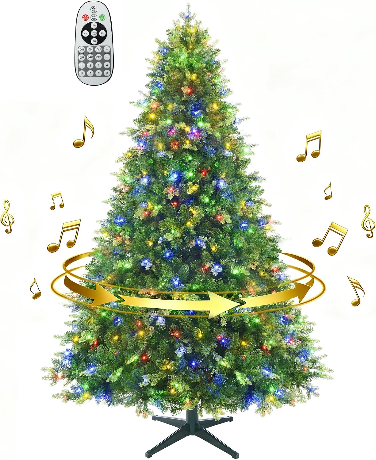 Pre-Lit Rotating Christmas Tree, 6.5FT Artificial for Home Decor | With Music,340 Warm White & Multi-color LED Lights,1036 PE+PVC Tip,Remote Control,Rotating Stand,8 Modes,Timed Design