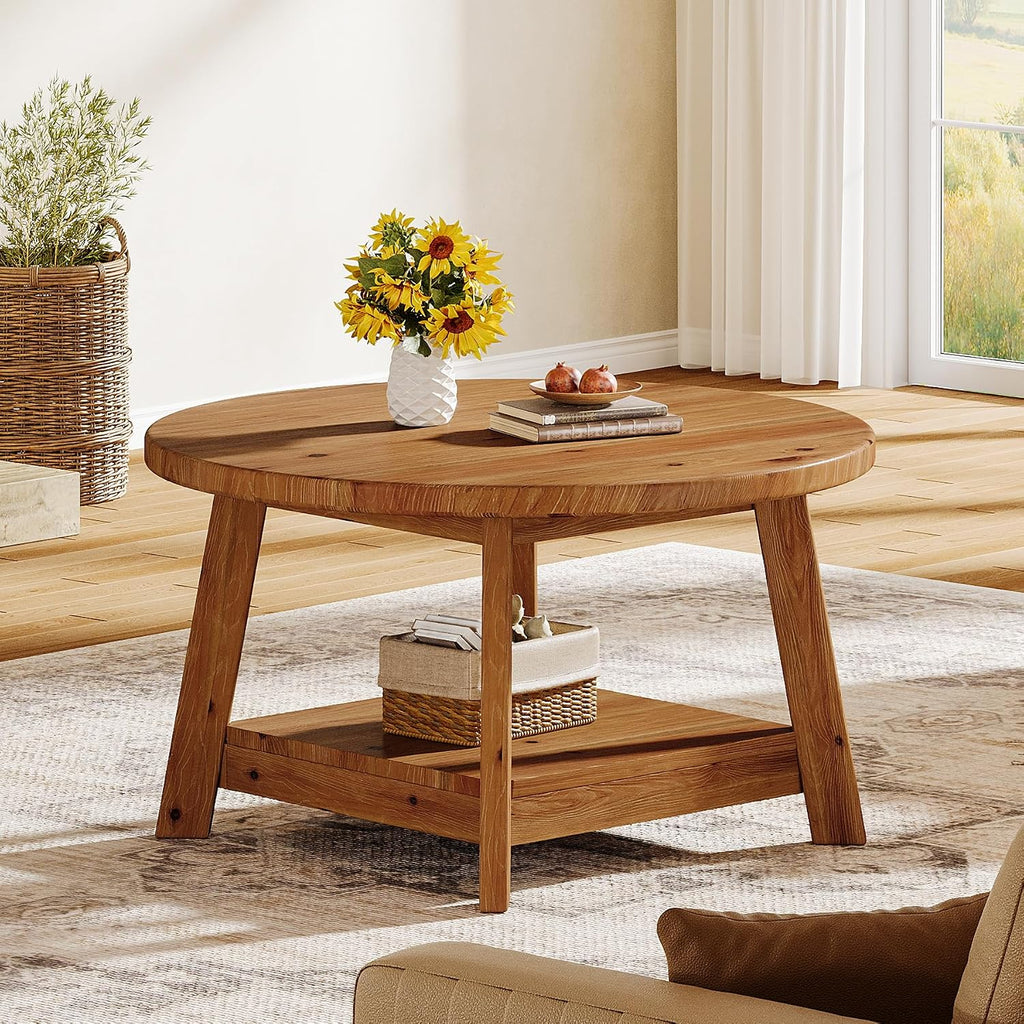 Solid Wood Round Coffee Table for Living Room, 31.5' Farmhouse Wooden 2-Tier Circle Center Cocktail Accent Table with Storage Shelf and Tapered Legs for Apartment, Small Space, Brown