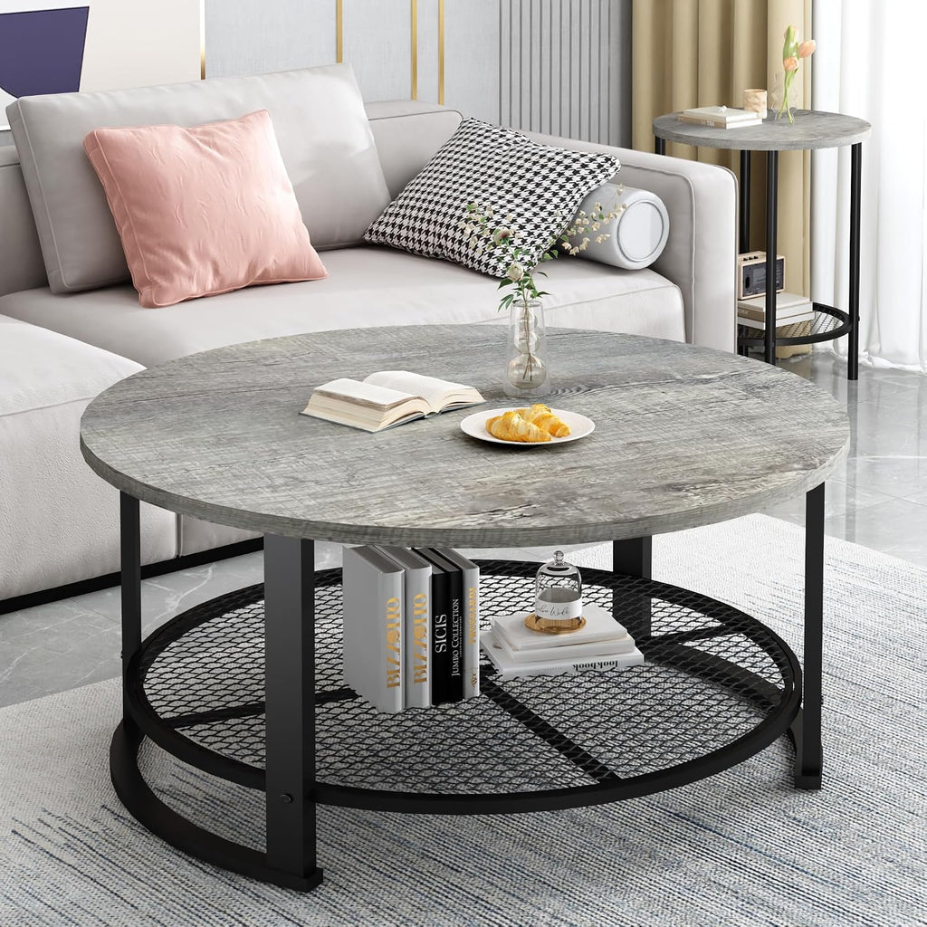 Recaceik Round Coffee Table and End Table Set of 3 with Storage, Modern Vintage Grey Coffee Table and Side Table for Living Room, Office, Apartment, Small Space