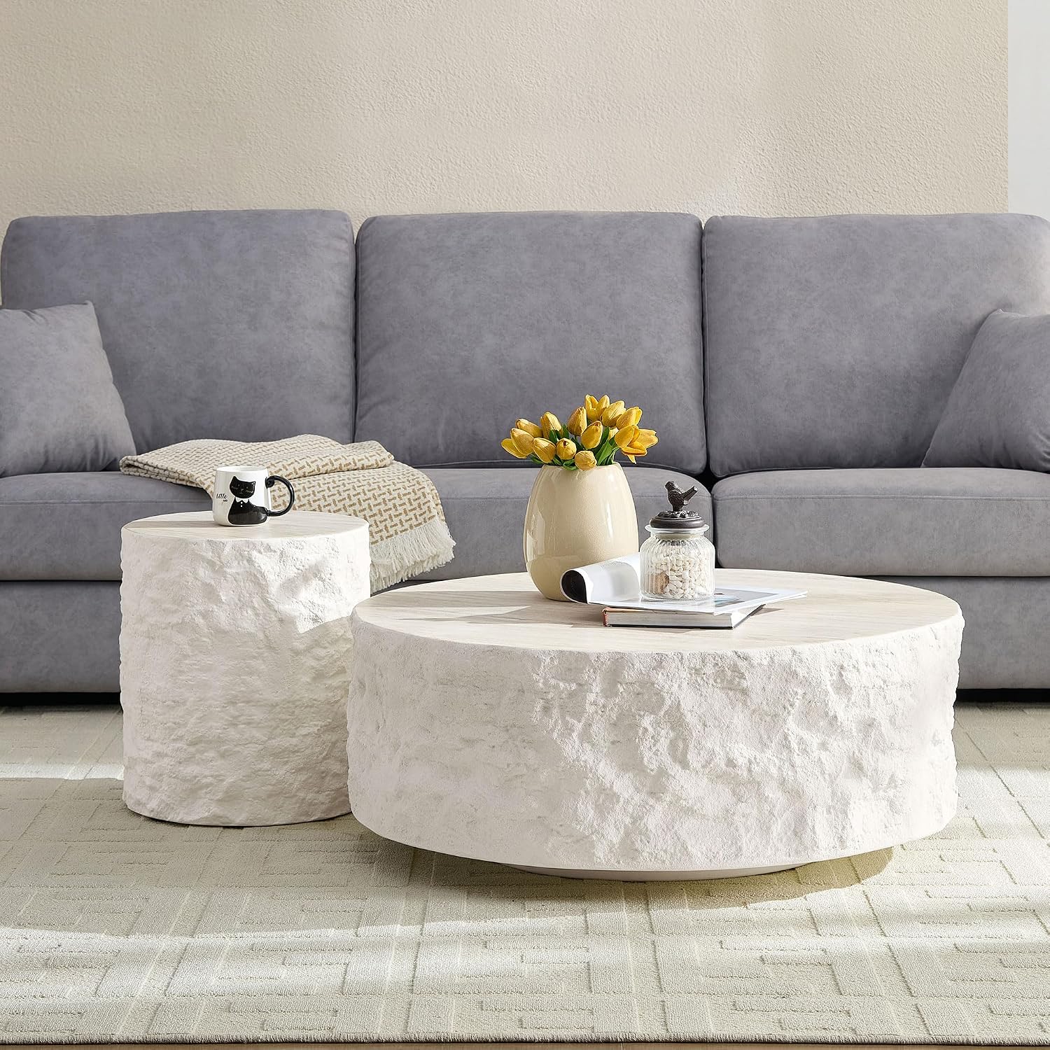 Round Coffee Table Set of 2 for Living Room Modern Drum Center Table Circle Side Tables for Apartment, No Need Assembly (Fiberglass 35.43'' &15.75'' Cement Stone Pattern)