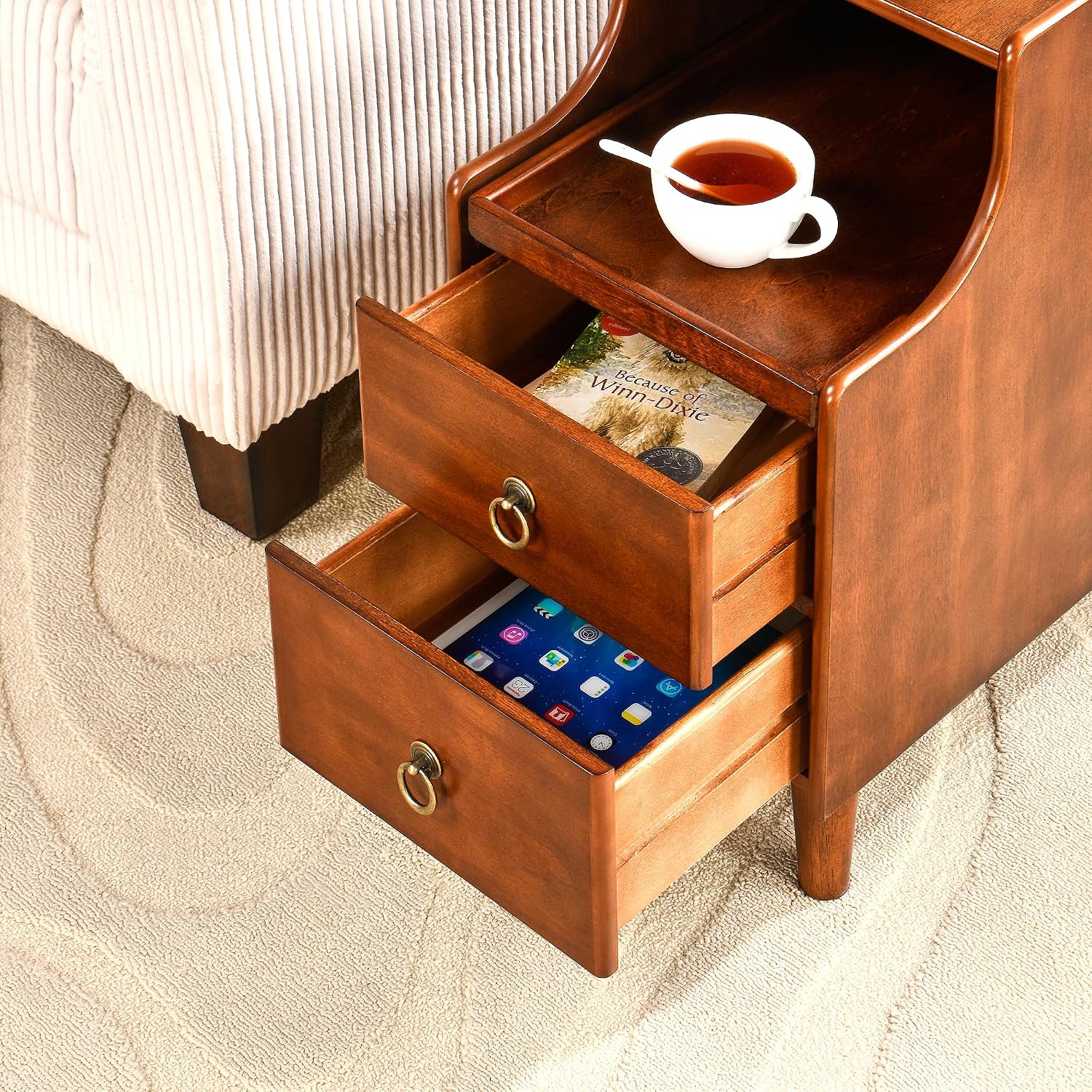 Storage Side End Table with 2 Drawers and Pull-Out Shelf, Small Sofa Side Table for Living Room, No-Tools Assembly, Solid Wood Narrow Beside Tables, 11.8'W x 21.6'L x 22.9'H, Brown, BG-A1359-MG