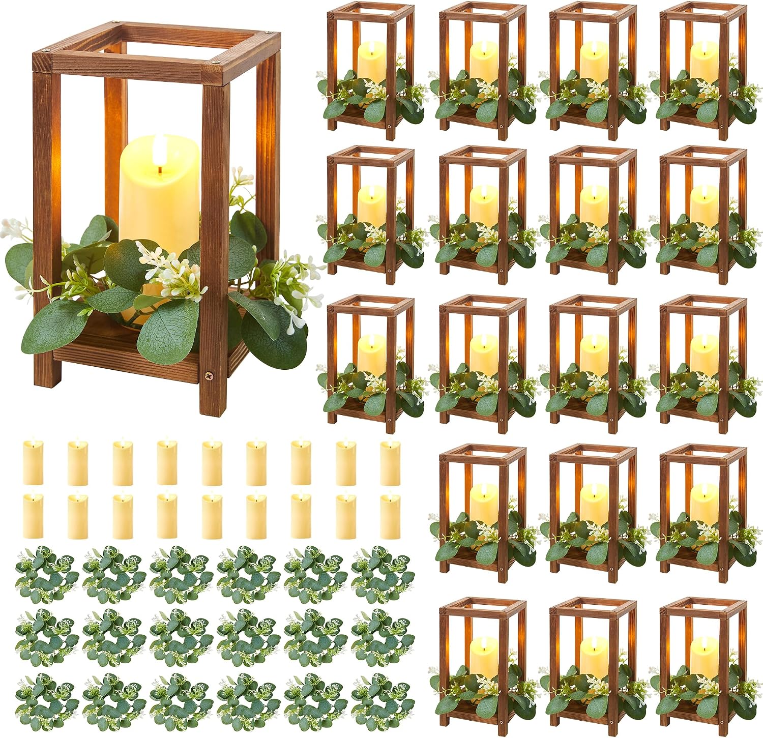 54 Pcs/18 Set Wooden Wedding Lantern Centerpiece, Wooden Centerpieces for Tables-with 18 Holders 18 Candles 18 Wreaths for Rustic Table Decoration Country Barn Wedding Party (Brown)