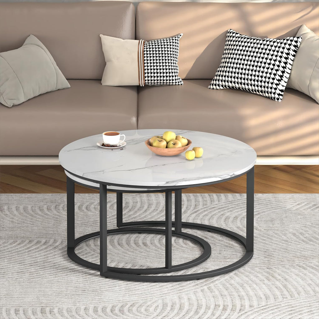 WiberWi Round Coffee Table Nesting Tables Set of 2, Large : Ø 33.5', Small : Ø 25.7', Modern Design Coffee Tables for Living Room, Metal Frame Circle Cocktail Table, High Glossy Faux White Marble