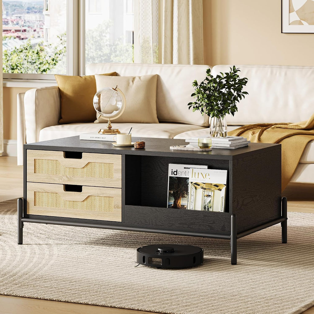 GarveeHome 40.7' Coffee Table with LED Lights for Living Room, Modern Coffee Tables with 4 Drawers and Open Storage Shelf, Farmhouse Coffee Table with Study Metal Legs，Black+Oak