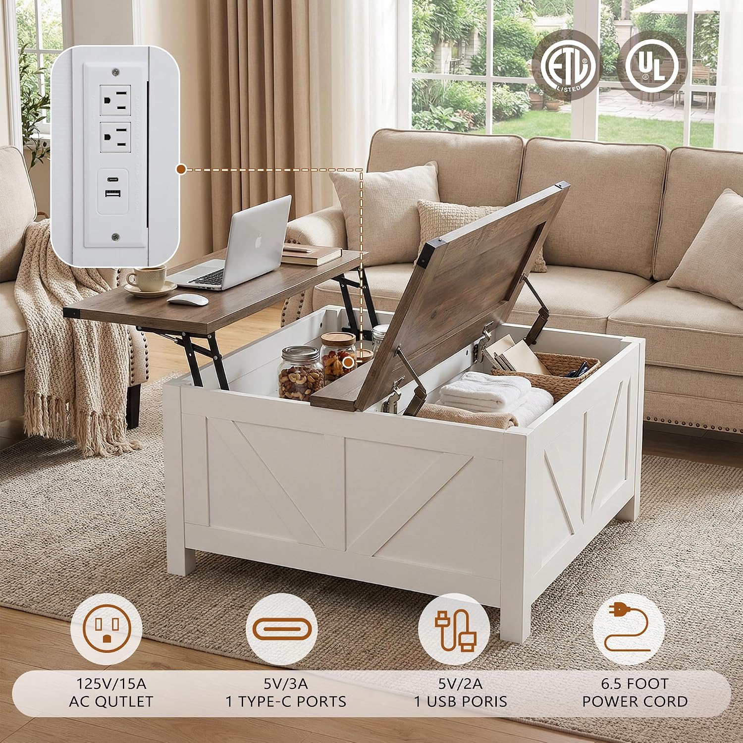 35' Farmhouse Coffee Table with Large Storage, Rustic Wood Lift Top Coffee Table for Living Room, Square Center Table with Charging Station&USB, Modern Port Pottery Barn Lift top Table