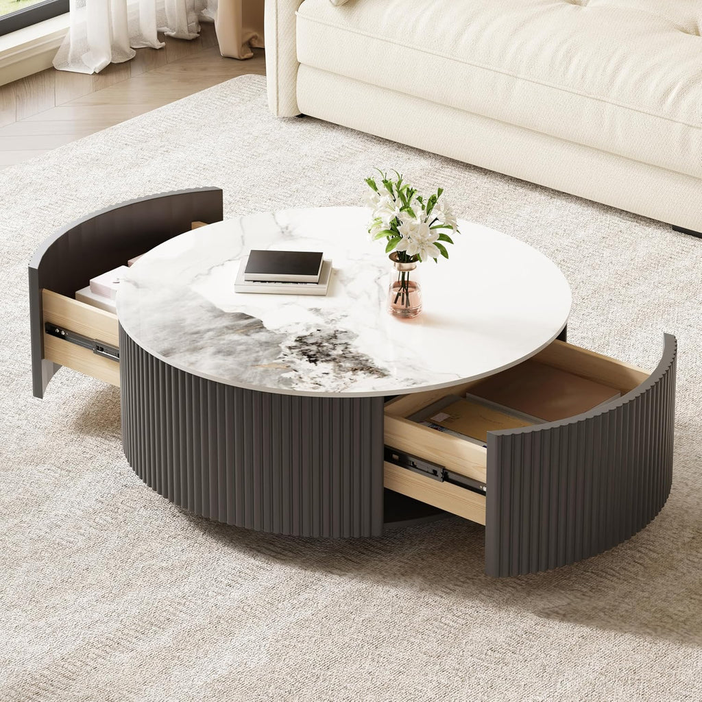 Merax 29.5' Round Fluted Coffee Table for Living Room, Movable Accent Table with Casters and 2 Storage Drawers, Marble Pattern Sintered Stone Top, Black and White