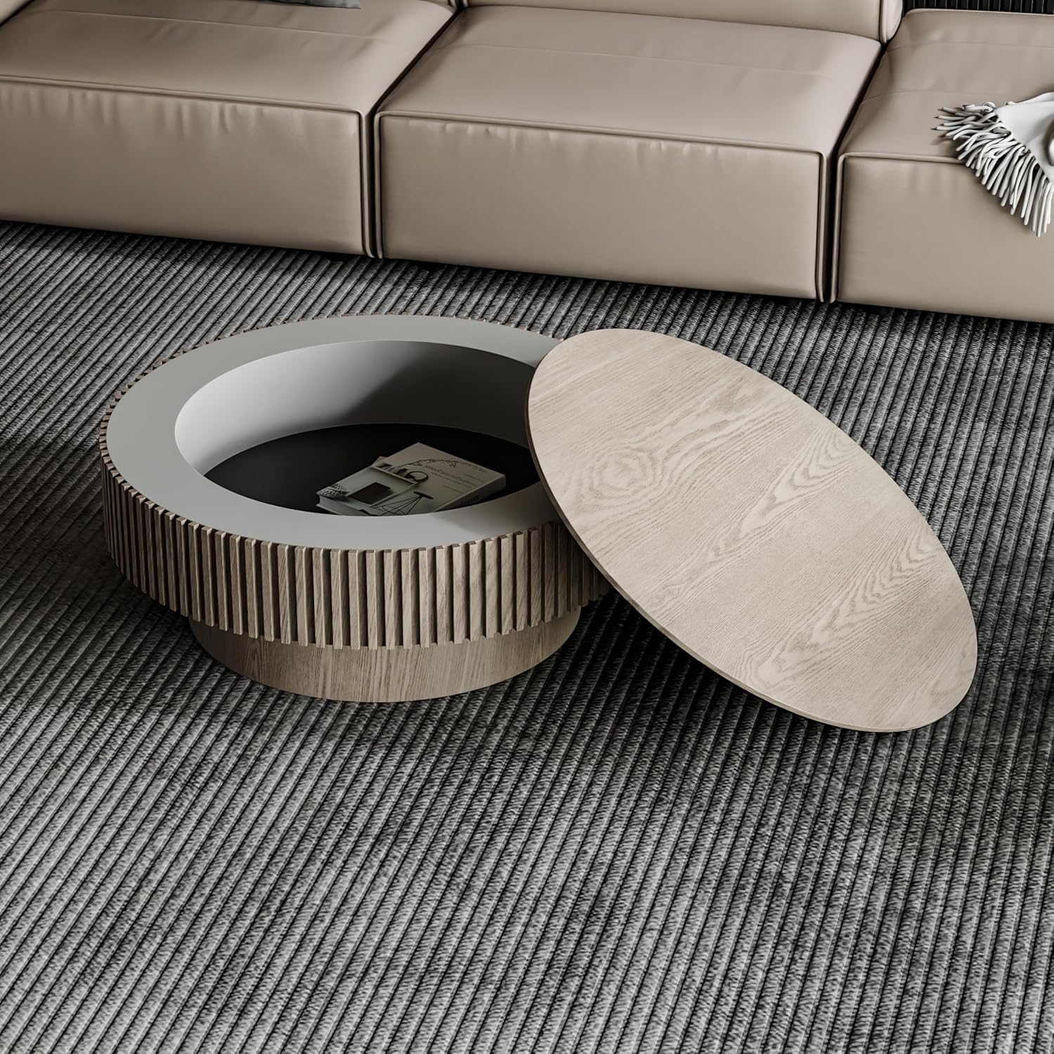 31.5'' Round Coffee Table with Storage, Modern Luxury Circle Drum Center Tables with Solid Wood Veneered, Accent Side Coffee Table for Living Room, Bedroom, Apartment-Grey