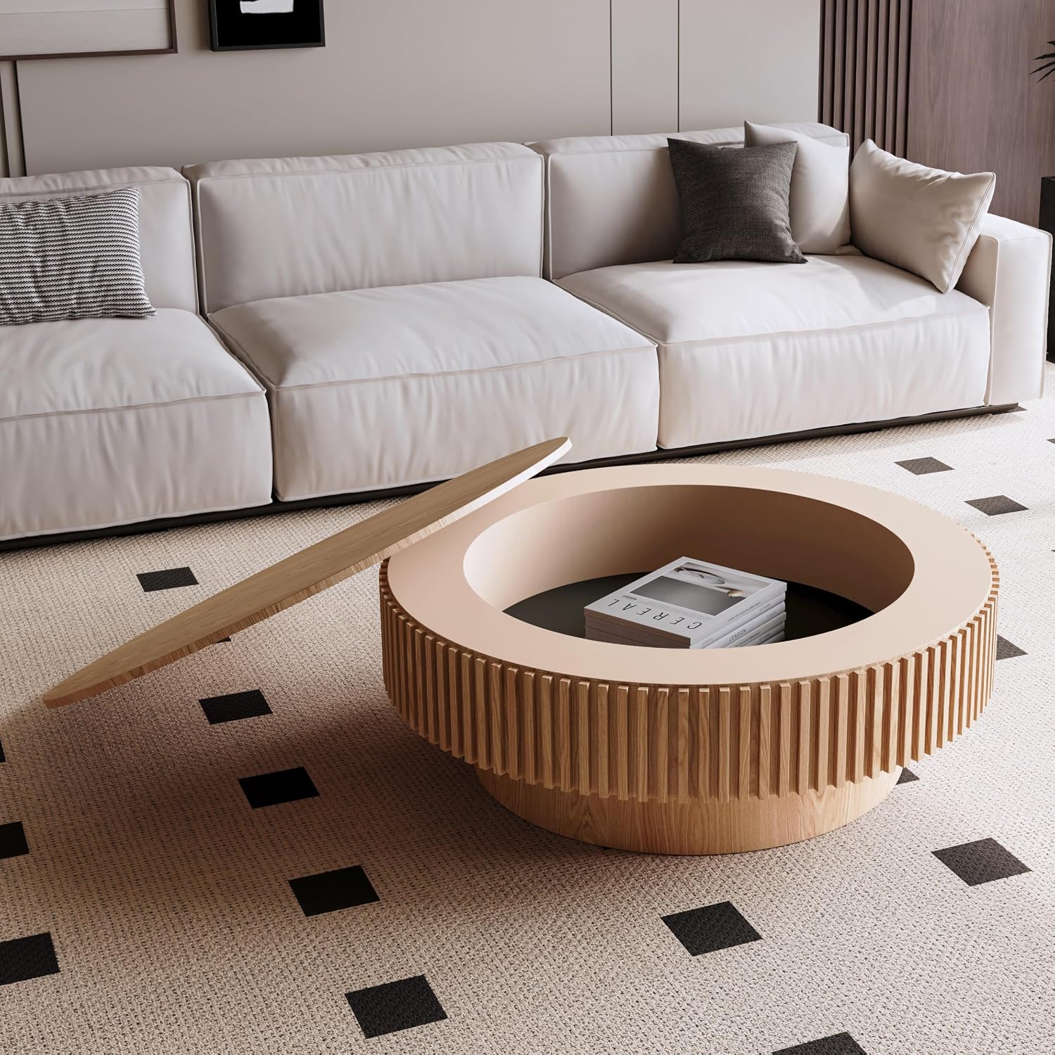 39.37' Round Coffee Table with Storage for Living Room Wood Coffee Table Contemporary Circle Center Table for Apartment, Easy Assembly, Oak