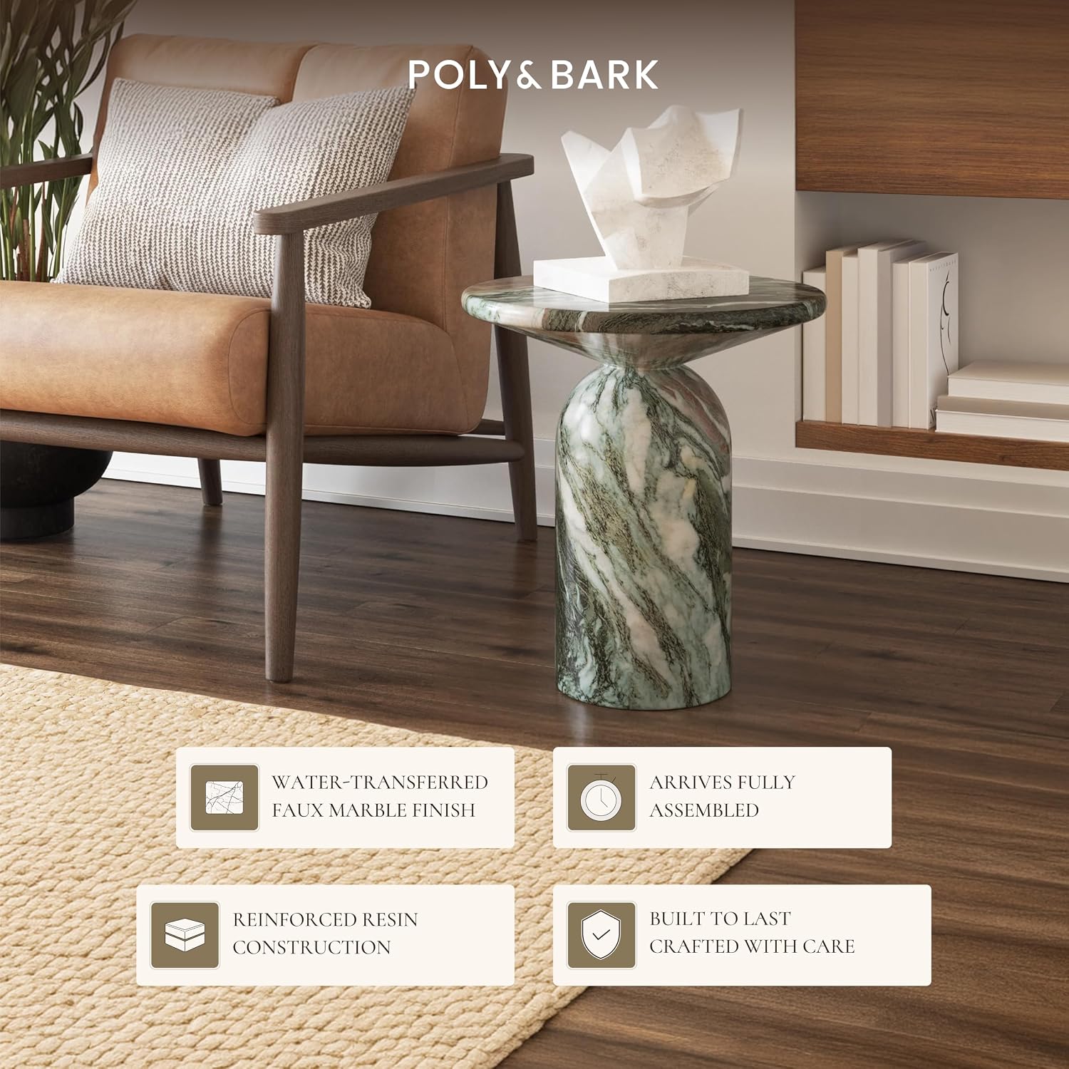 Poly & BARK Wels End Table – Reinforced Resin with Faux Marble Finish – Green – Modern Accent Table for Living Room or Bedroom – Round Side Table for Sofas, Lounge Chairs, or Reading Corners