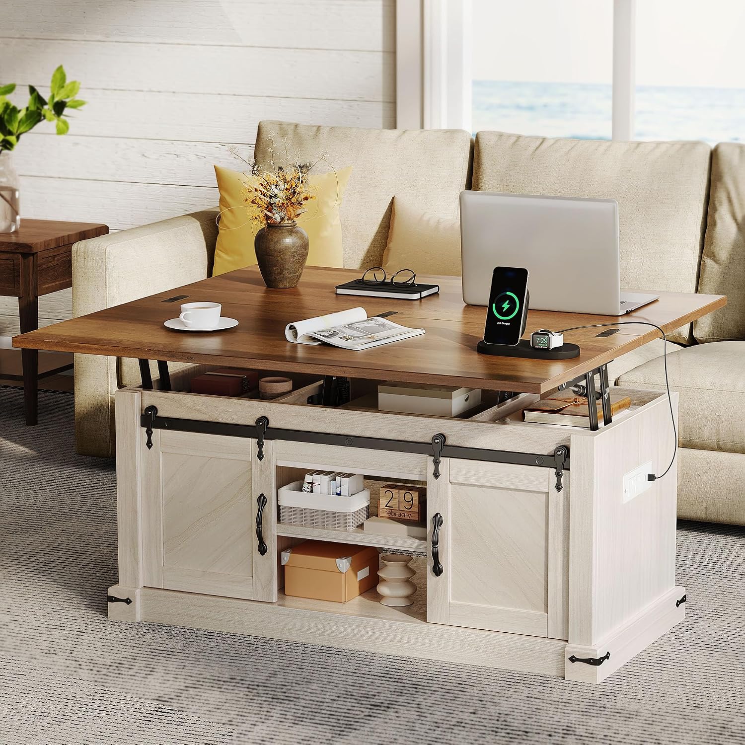 YITAHOME Lift Top Coffee Table with Storage, 4 in 1 Multi-Function Rectangle Center Table with Charging Station&USB Port, Living Room Table w/Large Hidden Space, for Bedroom, Home Office, Brown Top