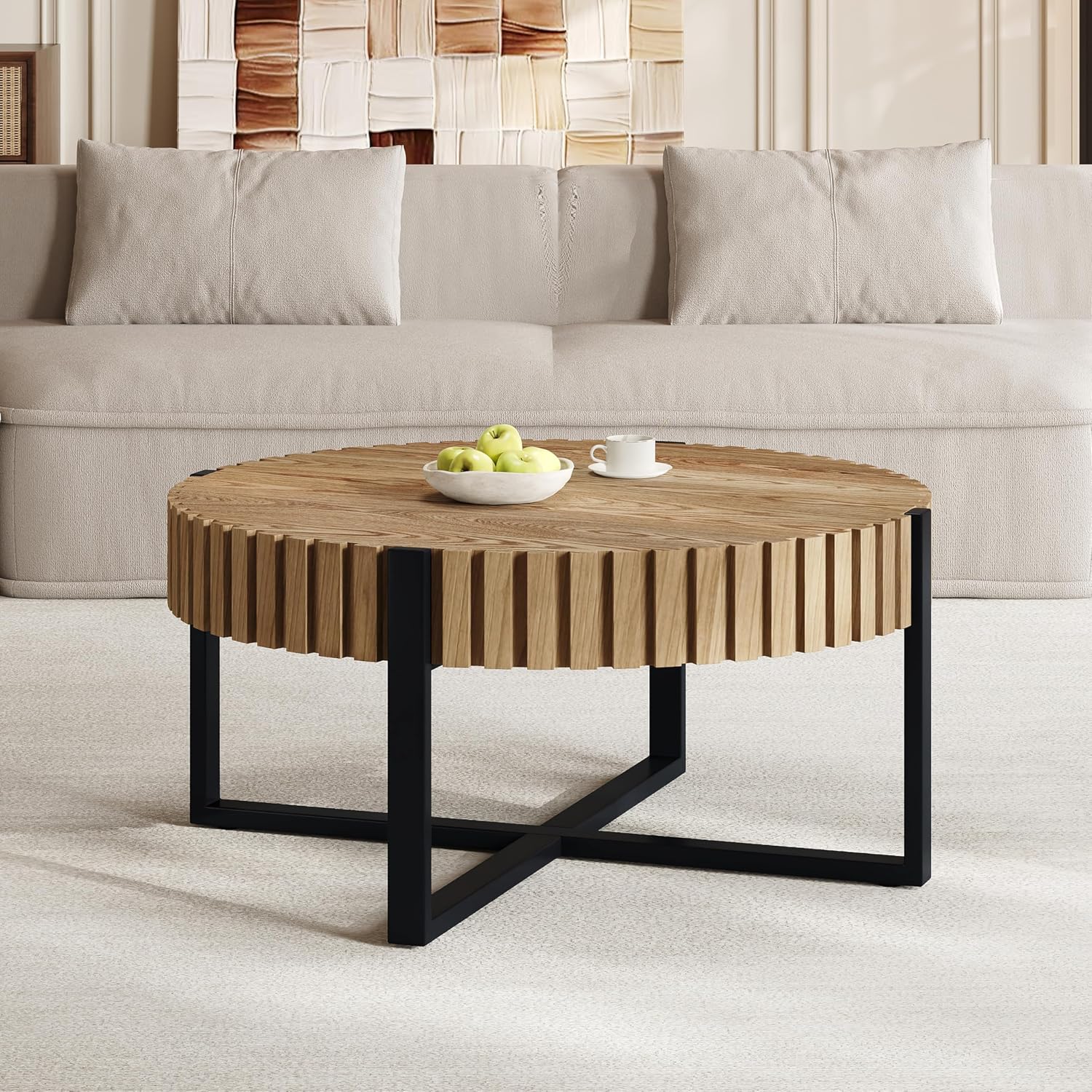 Christopher Knight Home Sol 31.5'' Modern Round Coffee Table, Indoor Living Room Side Table, Wooden End Table with Cross Metal Base, Unique Gear Motifs and Fluted Edges, Black + Natural