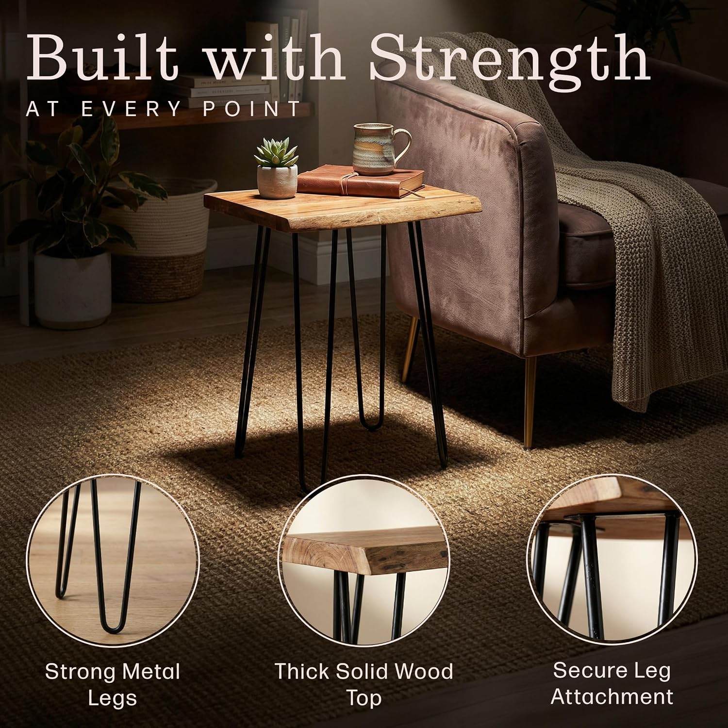 Alaterre Furniture Live Edge Wood End Table with Hairpin Metal Legs – Mid Century Modern Living Room Table with Acacia Wood Top (20 Inch)