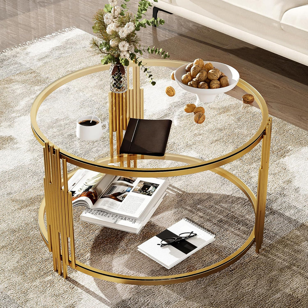 Modern Glass Coffee Table in 31.5', Asymmetrical Metal, Circular Metal Drum Base, Gold Finish & Lower Shelf
