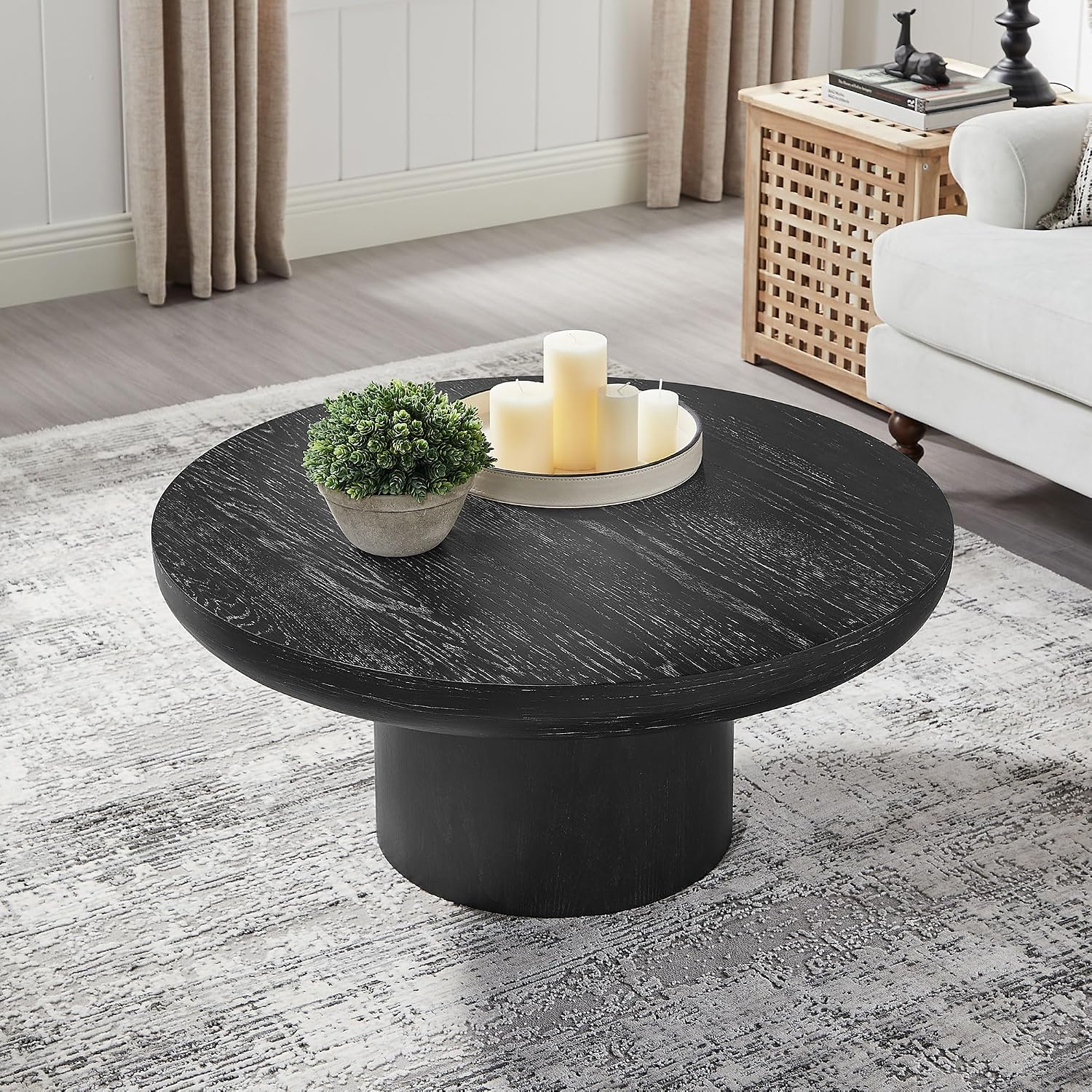 35.98'' Round Coffee Table, Circle Wood Black Coffee Table for Living Room, Modern Retro Style Pedestal Coffee Table, Easy Assembly, Black-ø35.98''