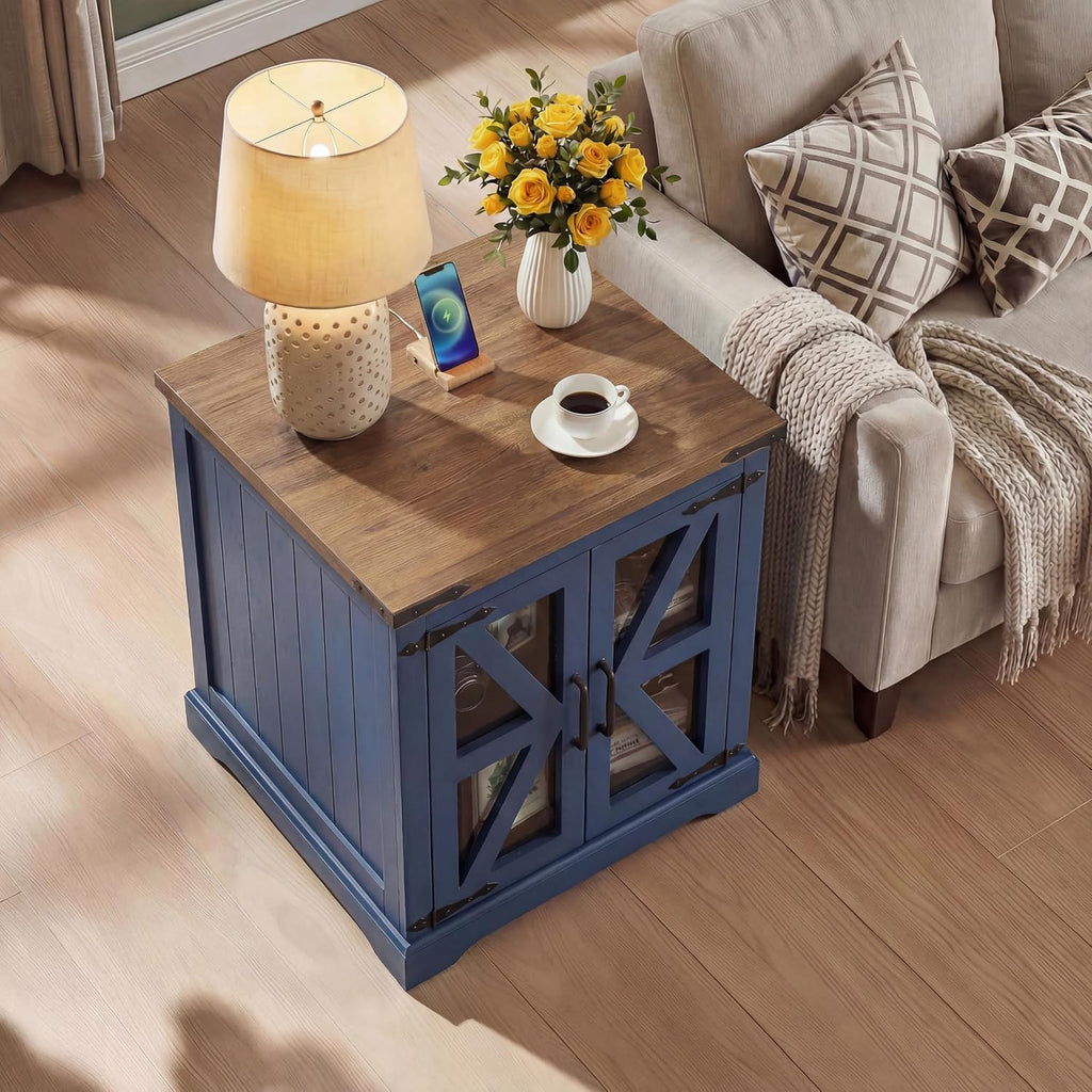 Farmhouse End Table, 24' Large End Tables with Storage, Rustic Square Sofa Beside Table with Glass Barn Door, Wood Side Table Square Nightstand for Living Room, Bedroom, Office (Misty Blue)