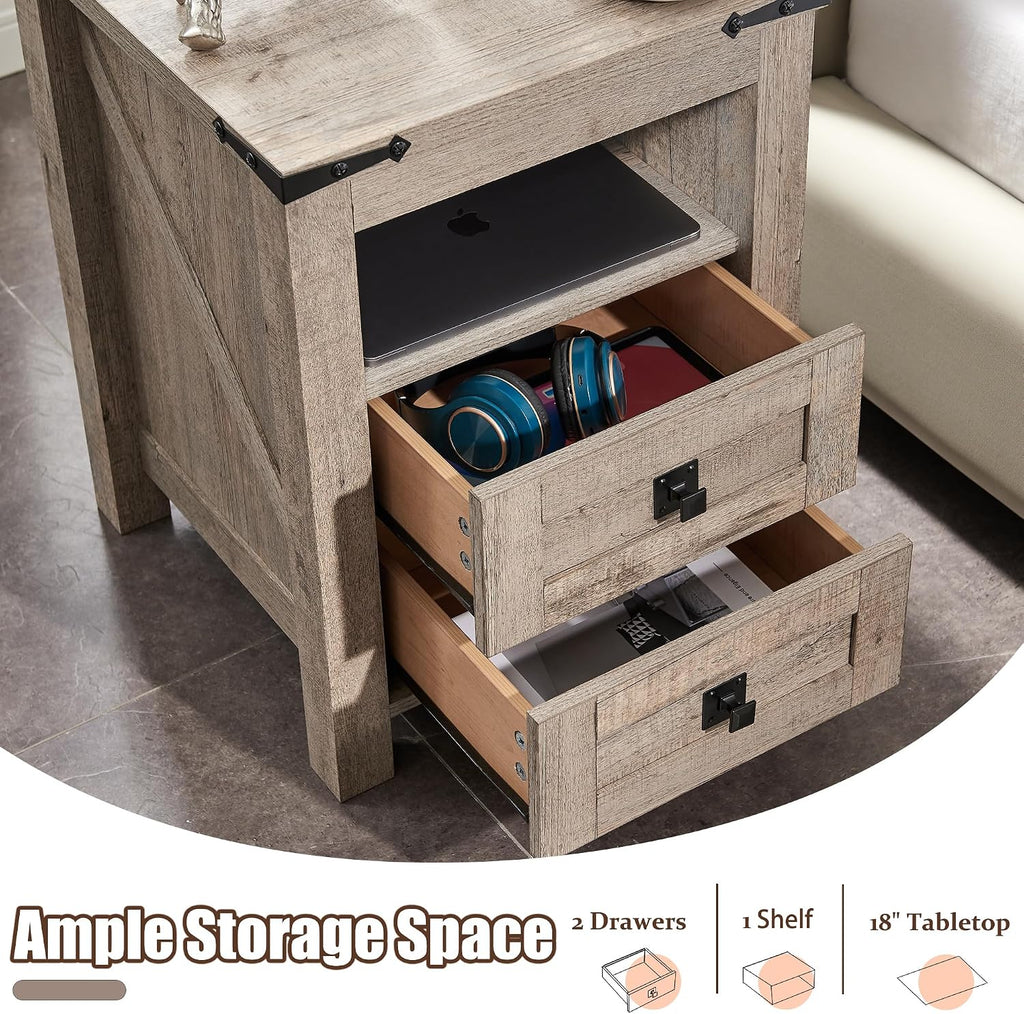 T4TREAM Nightstand with Charging Station, End Table, Side Table with 2 Drawers Storage Cabinet for Bedroom, Living Room, Farmhouse Design, Wood Rustic,Light Rustic Oak