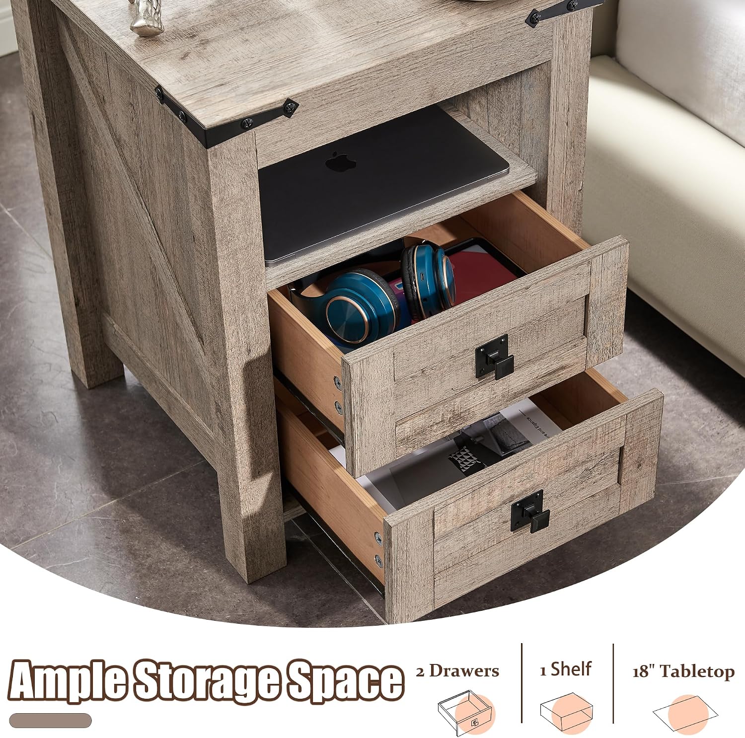 T4TREAM Nightstand with Charging Station, End Table, Side Table with 2 Drawers Storage Cabinet for Bedroom, Living Room, Farmhouse Design, Wood Rustic,Light Rustic Oak