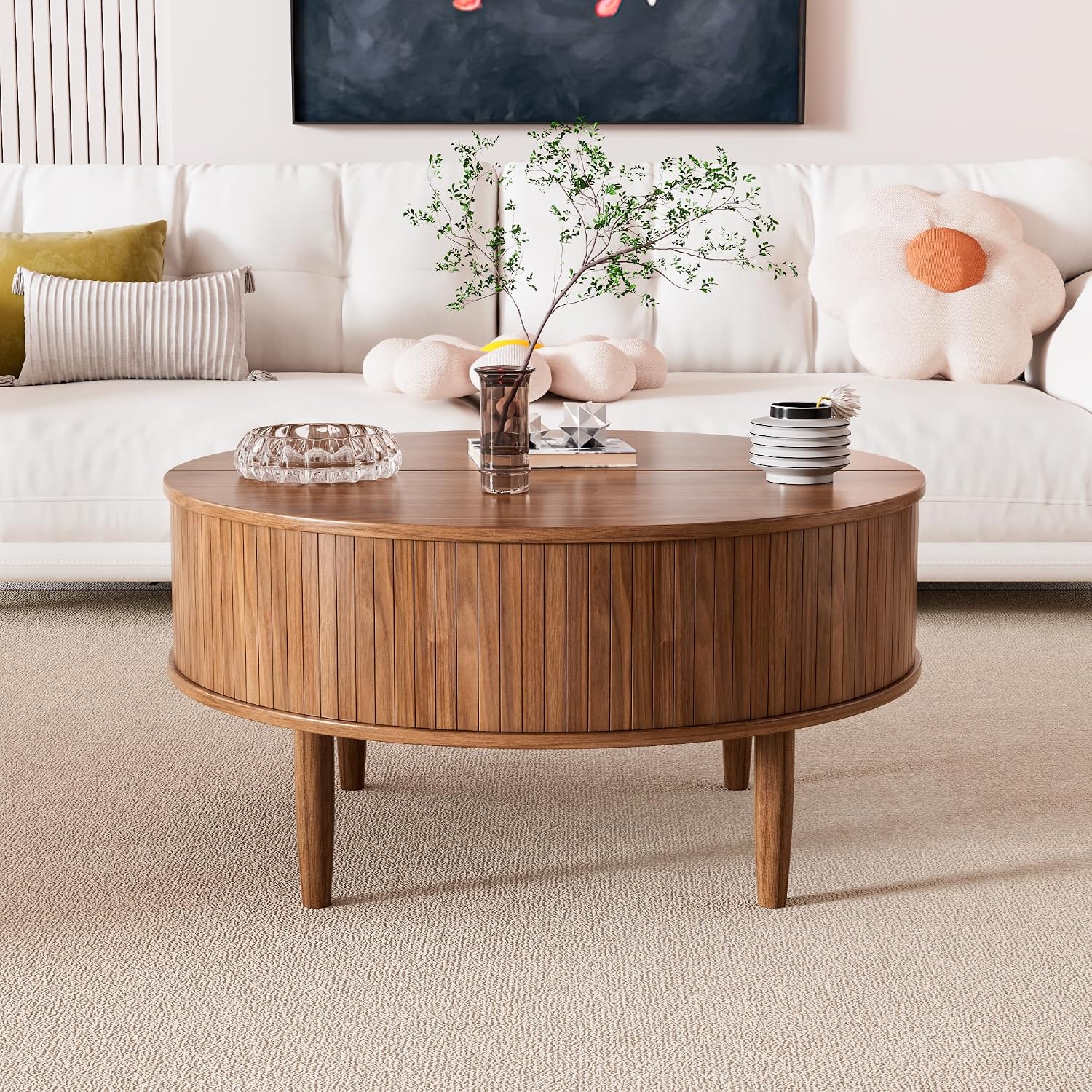 Round Fluted Lift Top Coffee Table with Storage, Mid Century Modern Coffee Table for Living Room, Home Small Space,31.5' Fluted Center Table (Walnut, 31.5inch)