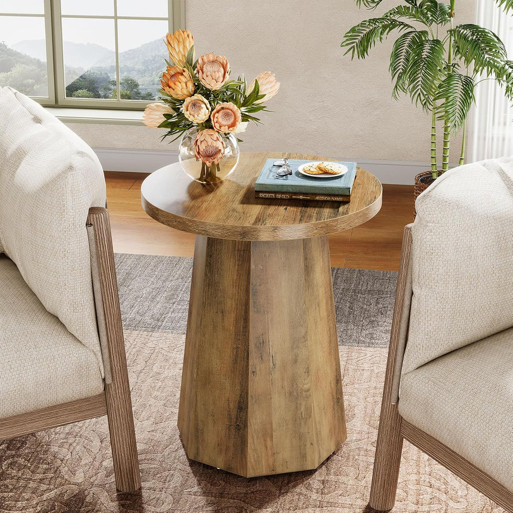 Tribesigns Round Pedestal End Table, Farmhouse Couch Side Table with Octagonal Base, Wooden Drink Stand Accent Nightstand(2, Rustic Brown)