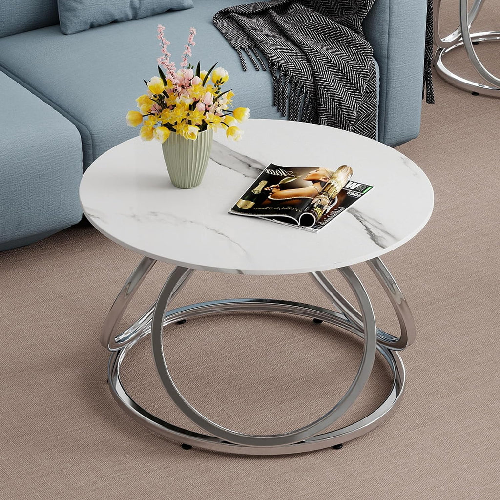 O&K FURNITURE Silver Coffee Table, Round Coffee Table Faux Marble Veins, Modern Center Table with Chrome Finish, for Living Room, Home Office, 1 PC