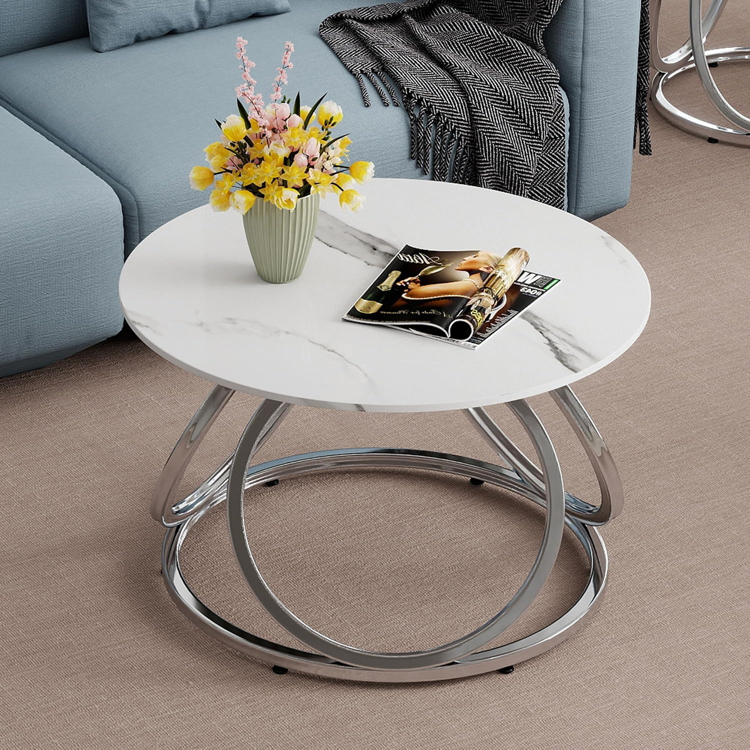 O&K FURNITURE Silver Coffee Table, Round Coffee Table Faux Marble Veins, Modern Center Table with Chrome Finish, for Living Room, Home Office, 1 PC