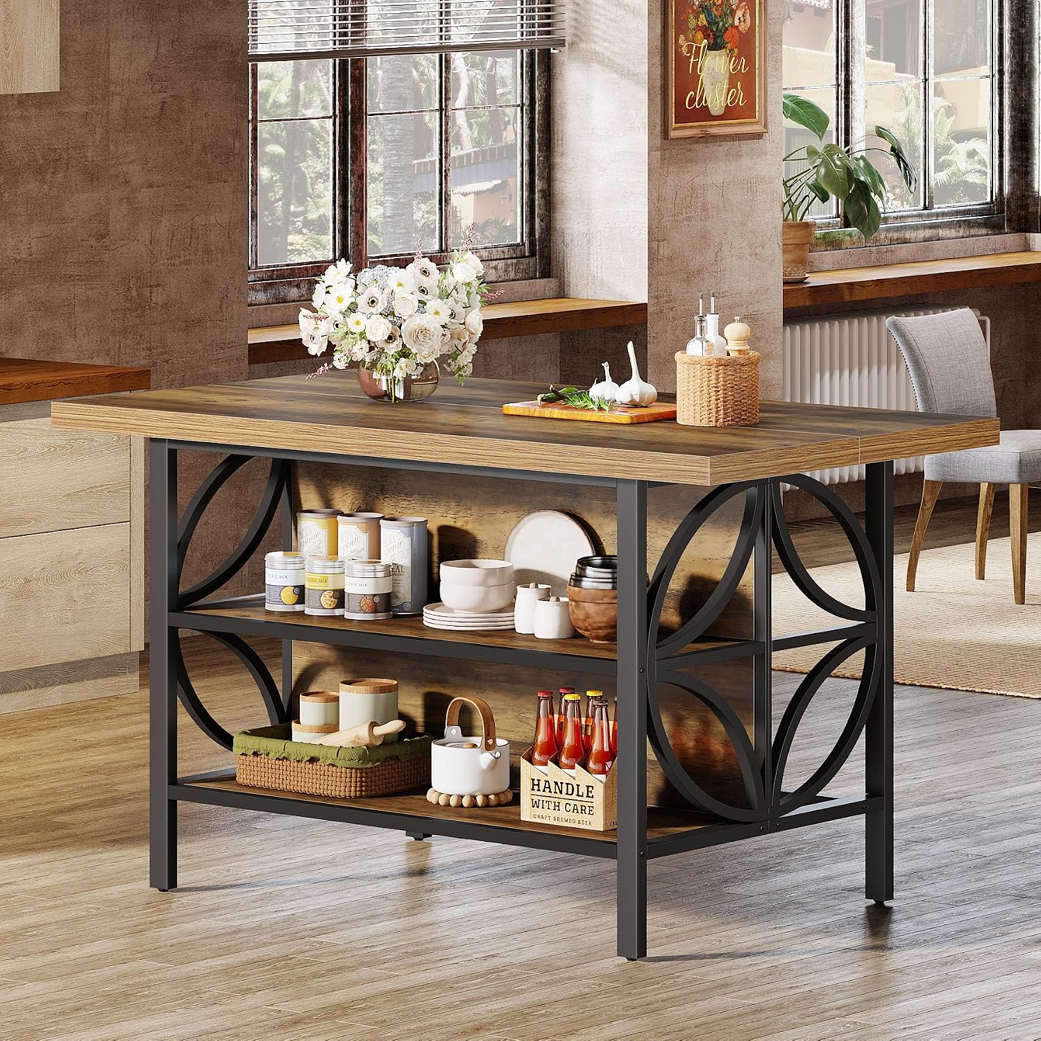 Tribesigns 62.99-Inch Kitchen Island with Storage, Kitchen Island Table with 2 Shelves and Large Worktop, Industrial Bar Table, Easy to Assemble, Rustic Brown (Stools Not Included)