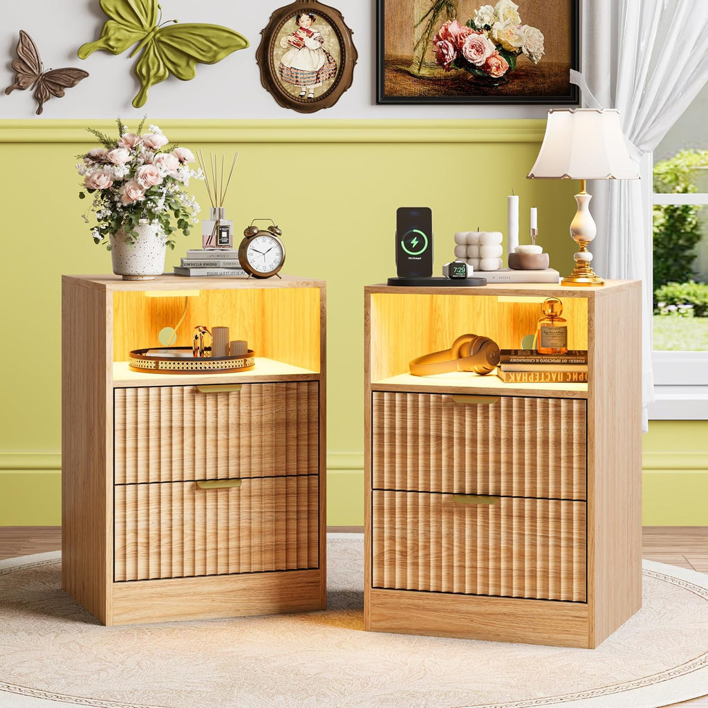 Night Stand Set 2, LED Nightstand with Charging Station, Fluted Nightstands Set of 2 with 2 Drawers, Wood Side Table Living Room, End & Bedside Tables for Bedroom Sofa Office, Natural Oak