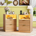 Night Stand Set 2, LED Nightstand with Charging Station, Fluted Nightstands Set of 2 with 2 Drawers, Wood Side Table Living Room, End & Bedside Tables for Bedroom Sofa Office, Natural Oak