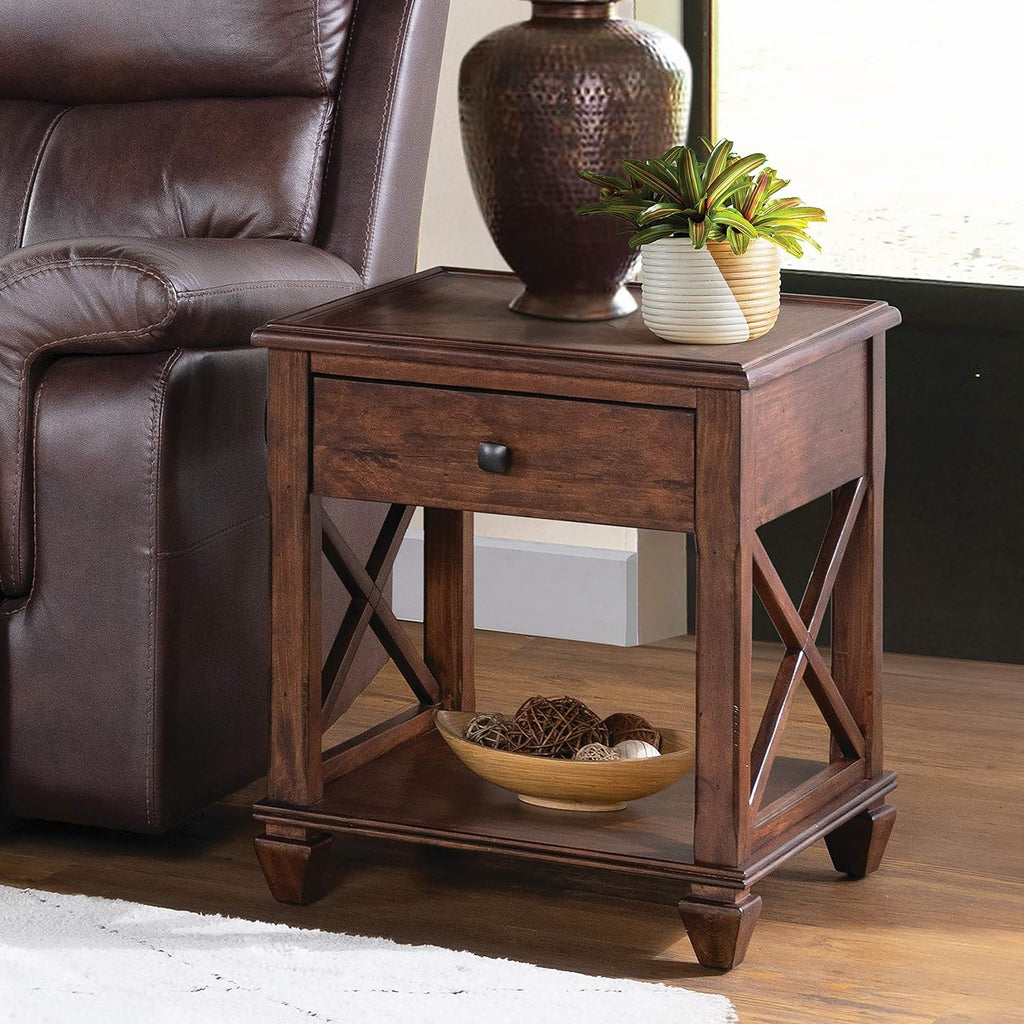 Stockbridge 21-Inch Square Wood End Table with Drawer, Traditional Cherry Stain Finish, Sturdy Pine Construction, Includes Storage Shelf and Functional Drawer for Living Room Essentials