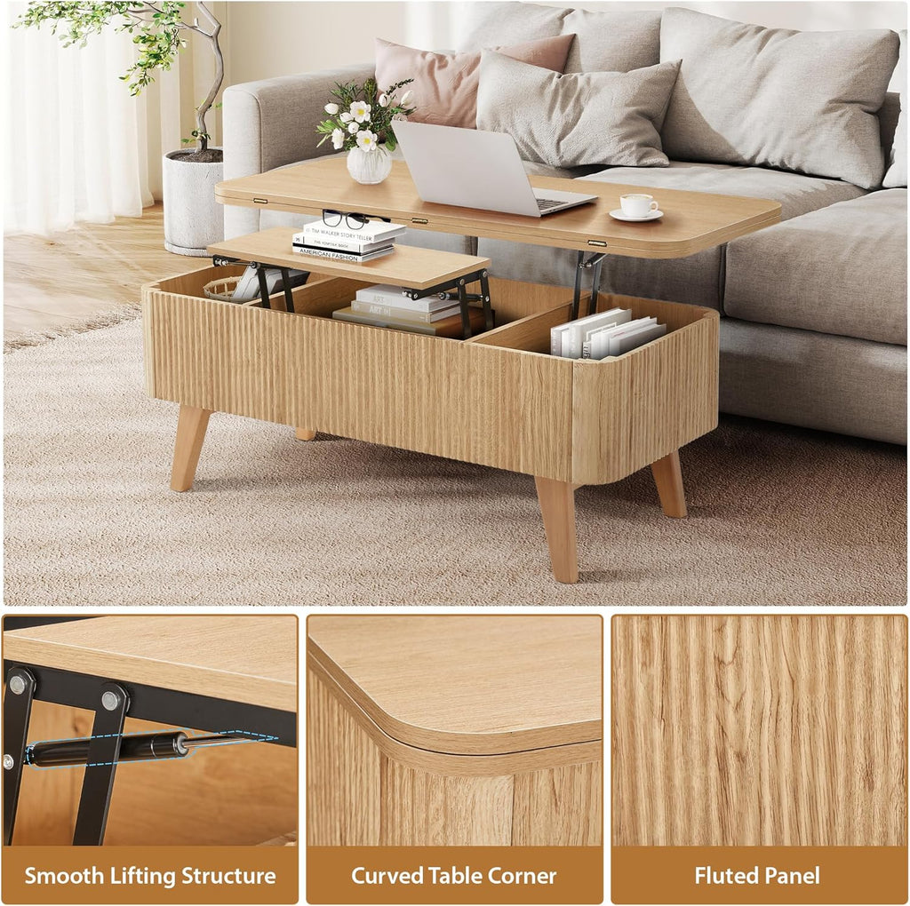 3 in 1 Lift Top Coffee Table, Fluted Convertible Coffee Tables Converts to Dining Tables, Modern Oval Wooden Center Table with Storage for Living Room Office Small Space, Partial Assembly (Natural)