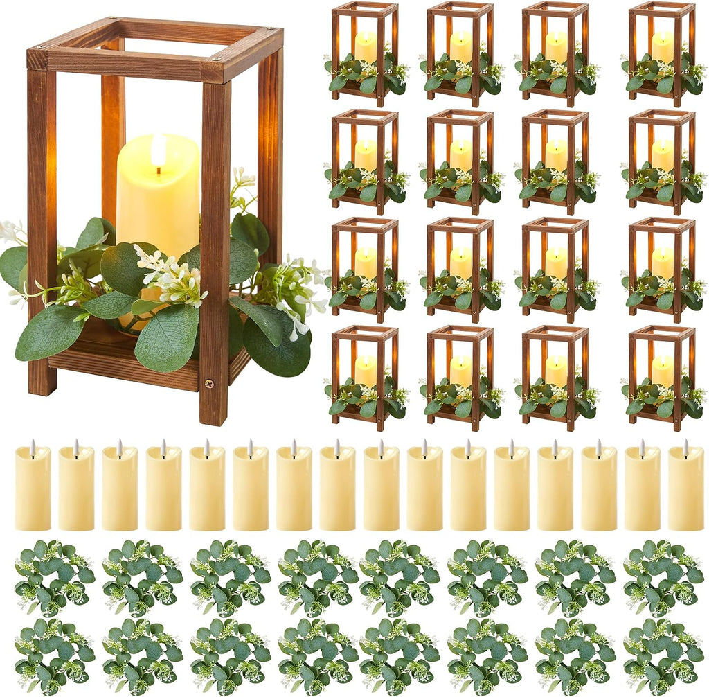 48 Pcs/16 Set Wooden Wedding Lantern Centerpiece,Wooden Centerpieces for Tables-with 16 Holders 16 Candles 16 Wreaths for Rustic Table Decoration Country Barn Wedding Party (Brown)