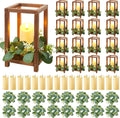 48 Pcs/16 Set Wooden Wedding Lantern Centerpiece,Wooden Centerpieces for Tables-with 16 Holders 16 Candles 16 Wreaths for Rustic Table Decoration Country Barn Wedding Party (Brown)